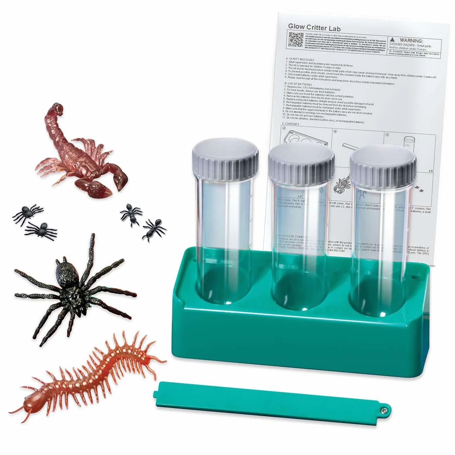 KidzLabs Glow Critter Lab, Creepy Crawlies ożywają, podświetlane probówki, projekt naukowy i lampka nocna dla dzieci w wieku 5+, zielona