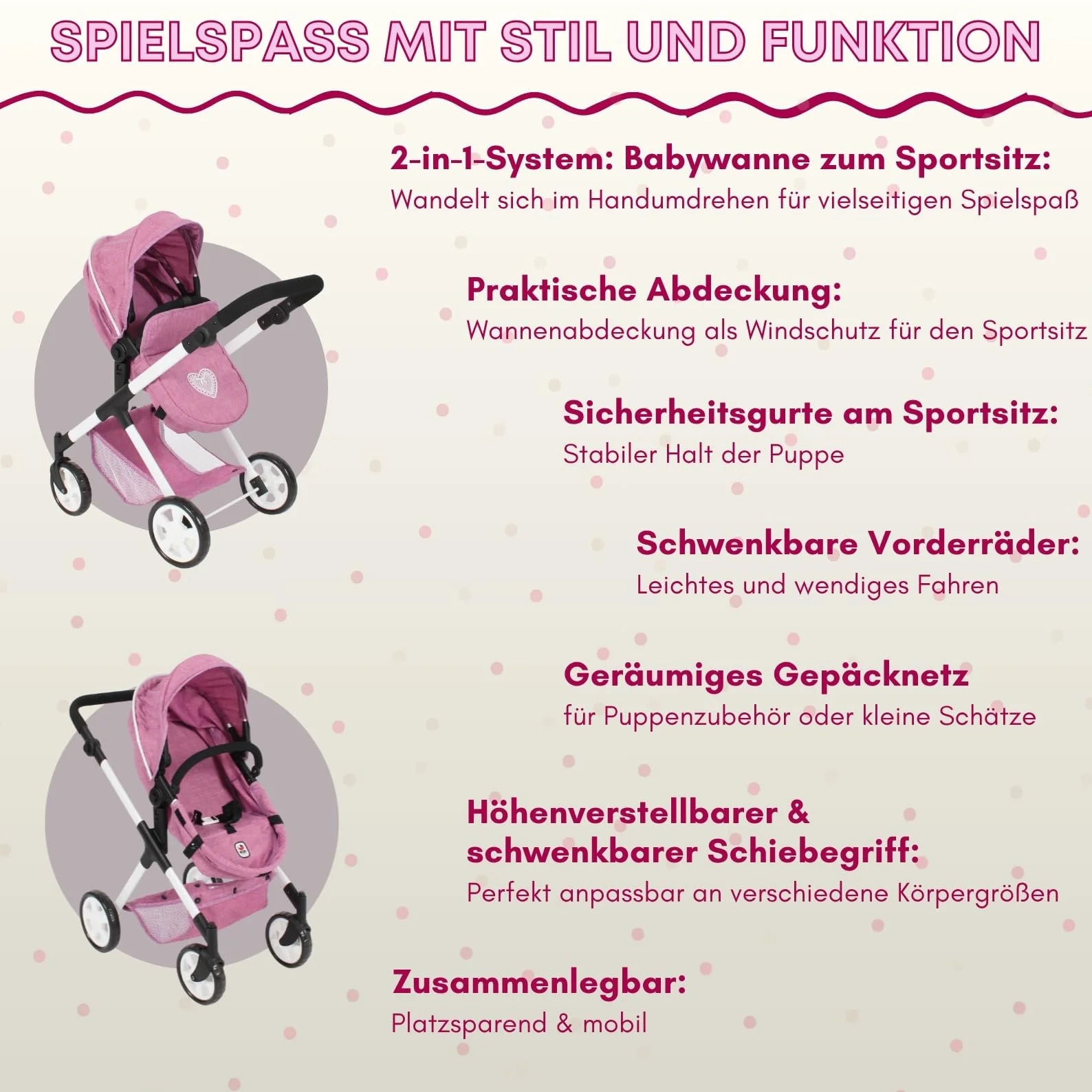Bayer Chic 2000 2 w 1 wózek dla lalek Mila – dżinsy różowe – uchwyt z regulacją wysokości 39-72 cm – nowoczesny stelaż – lalki do 50 cm – 3-7 J.