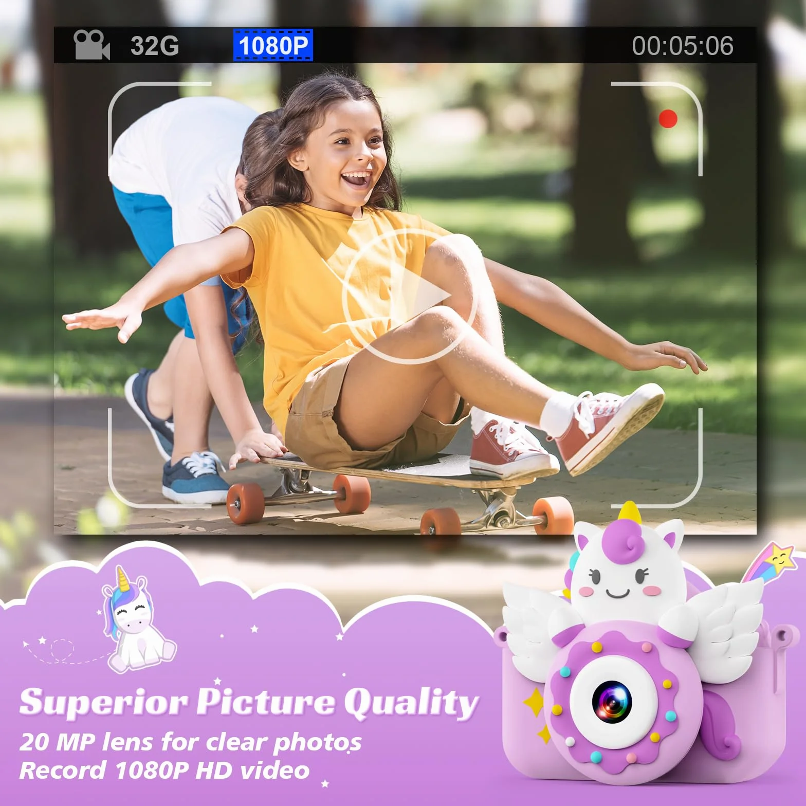 TIATUA Aparat cyfrowy dla dziewczynek z kartą 32GB, tryb selfie, aparat dla małych dzieci i kamera wideo, idealny dla dzieci w wieku 3-10 lat, prezent na urodziny (fioletowy)