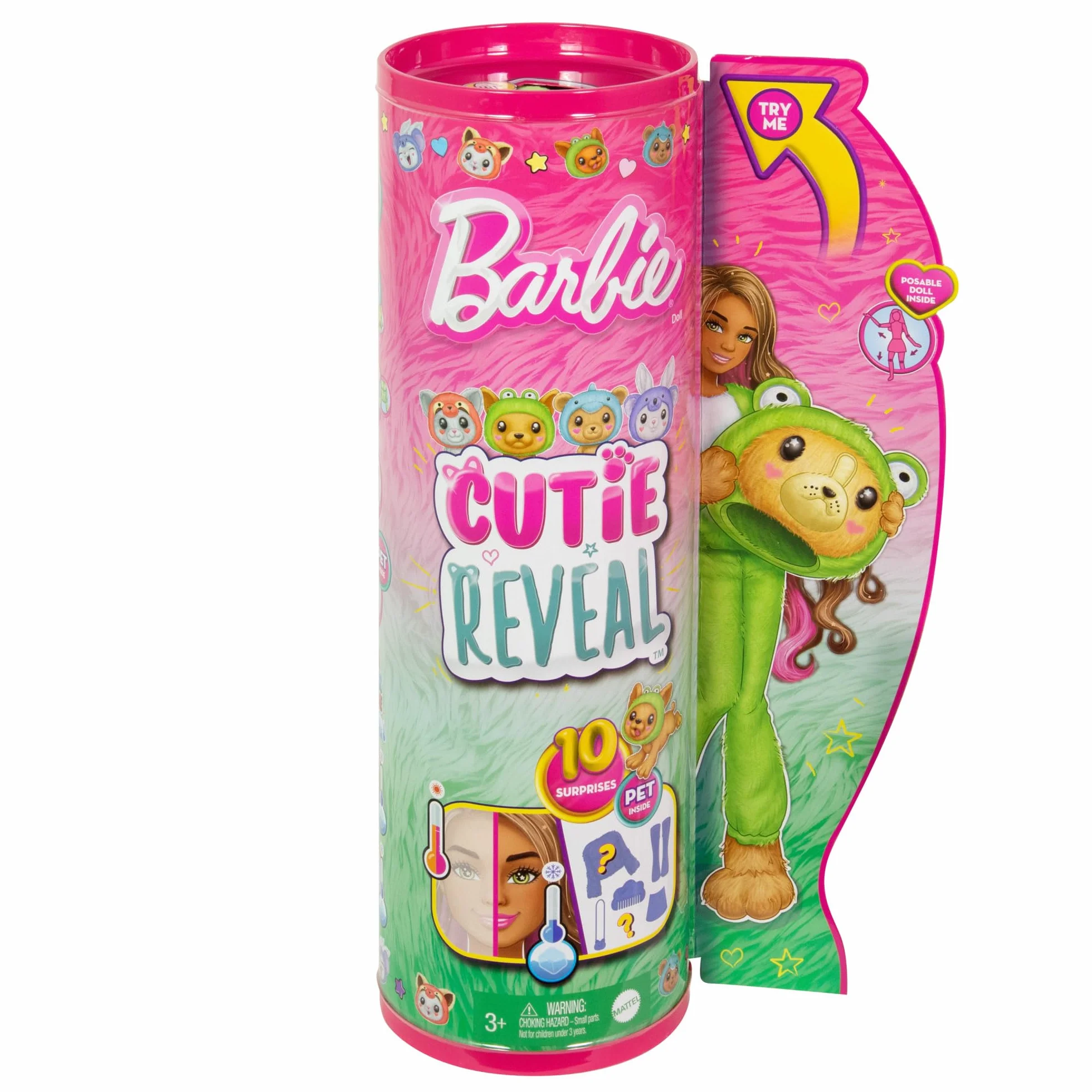 Barbie Cutie Reveal Lalka Piesek-Żaba Seria Kostiumy Zwierzaczki z 10 niespodziankami, zmiana koloru, HRK24