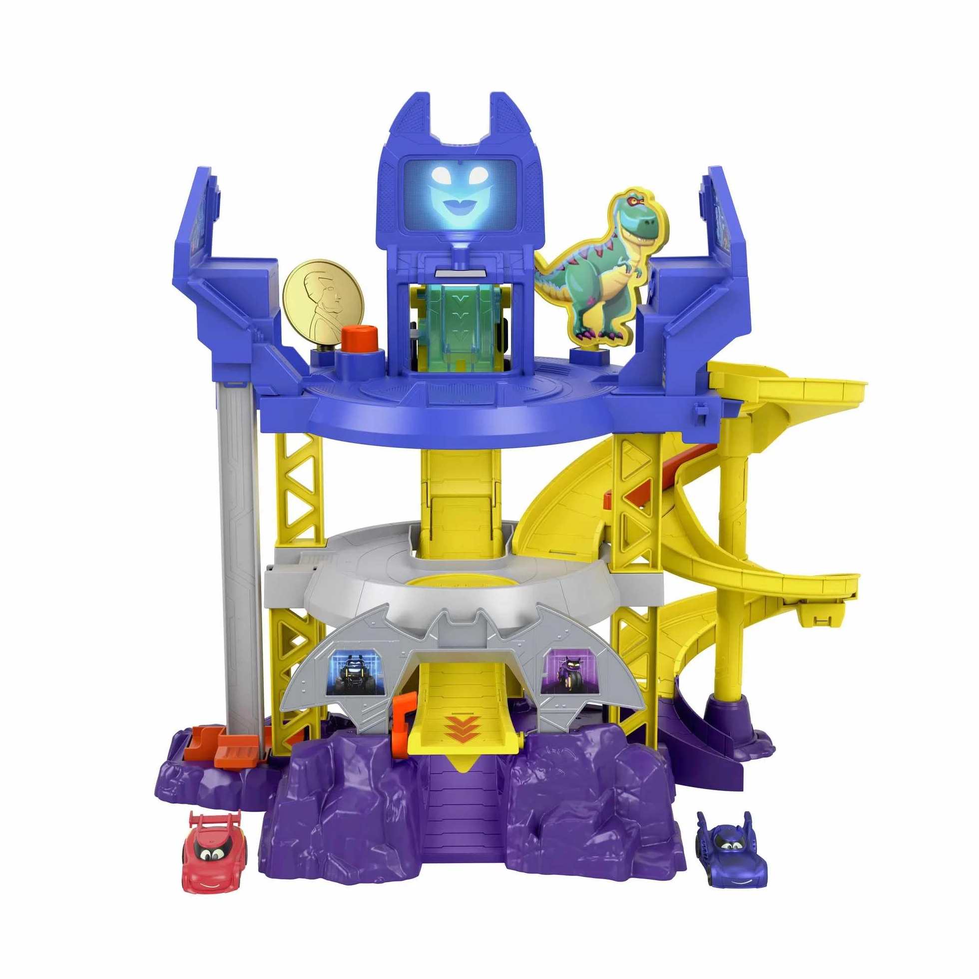 Fisher-Price DC Batwheels Wyścigowa Jaskinia Batmana Zestaw ze światełkami, dźwiękami i pojazdami Batmobil Bam i Redbird, dla dzieci od 3 roku życia, HRJ21