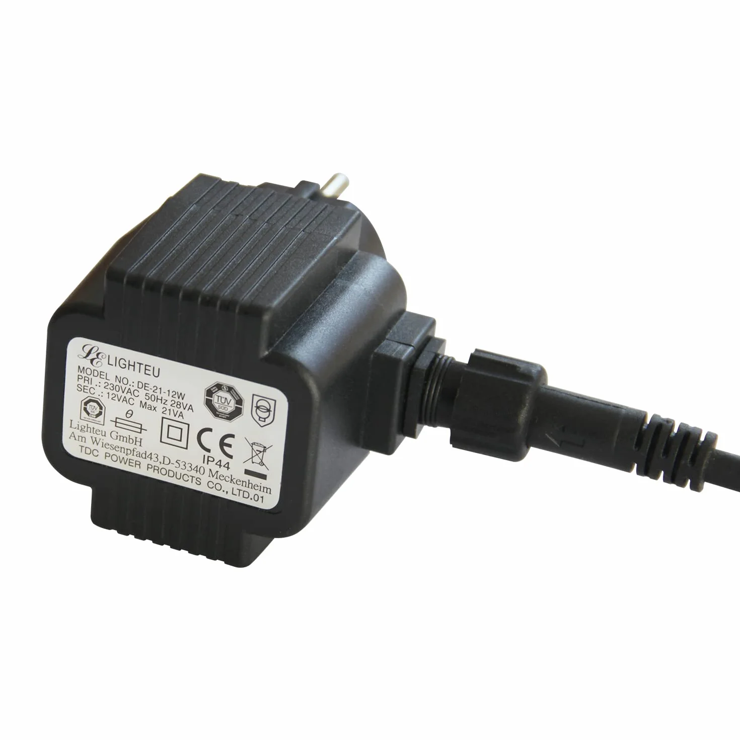 LIGHTEU, Adapter AC/AC TDC DE-21-12 W Zasilacz sieciowy 12 V AC 1,75 Amp 21 VA Transformator z przedłużaczem IP44