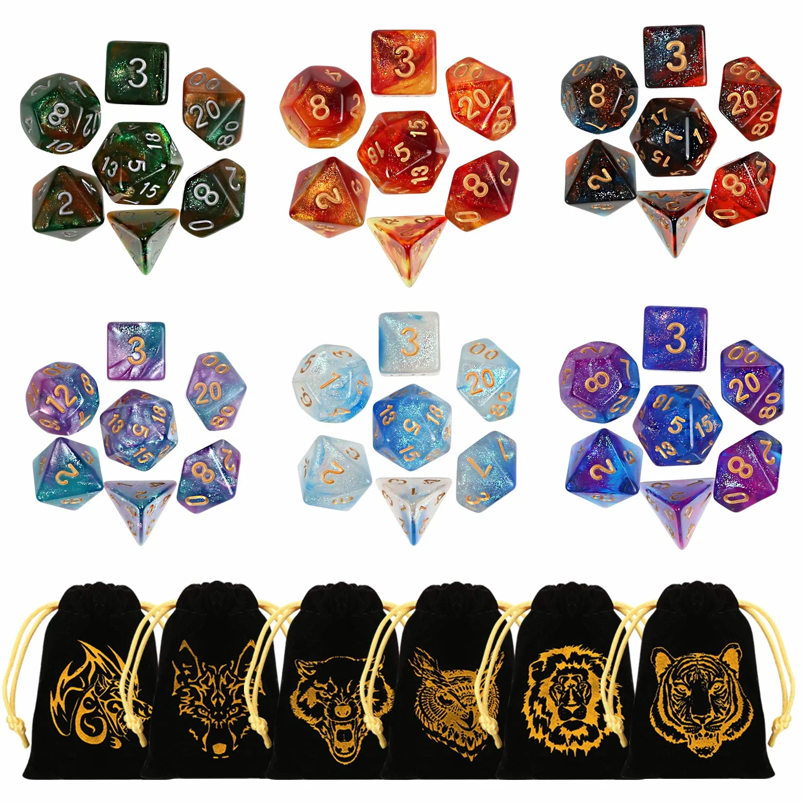 GWHOLE Zestaw 42 sztuk wielościennych błyszczących kostek z woreczkami, podwójne kolory, do gry w Dugeons and Dragons, DND, RPG, MTG, W20, W12, W10, W8, W6, W4, gry karciane
