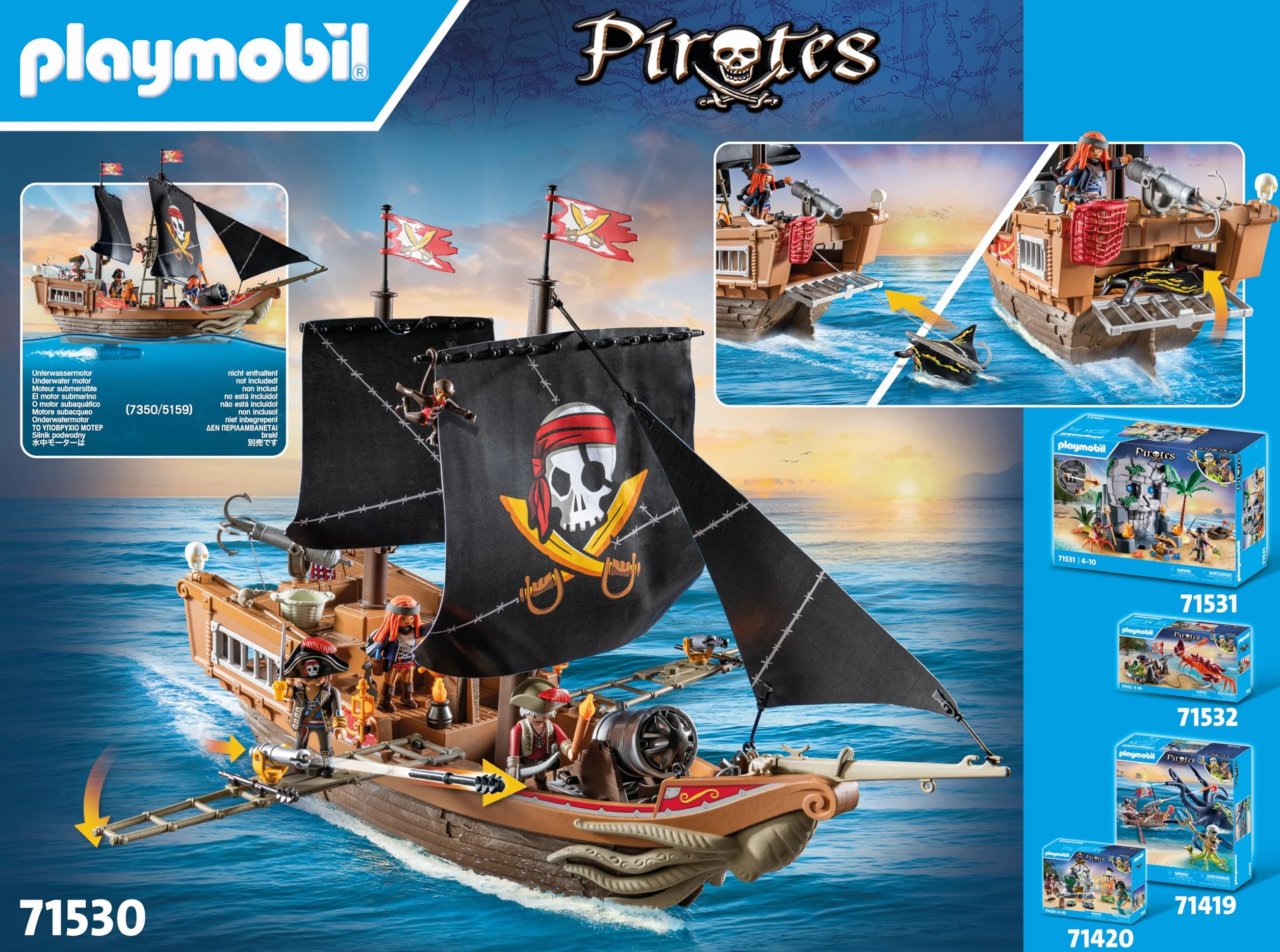 PLAYMOBIL Pirates 71530 Duży statek piracki, bitwa morska i tajne poszukiwanie skarbów w głębinach morzach, w zestawie armaty, pociski i kotwica, odpowiednie dla dzieci od 4 roku życia