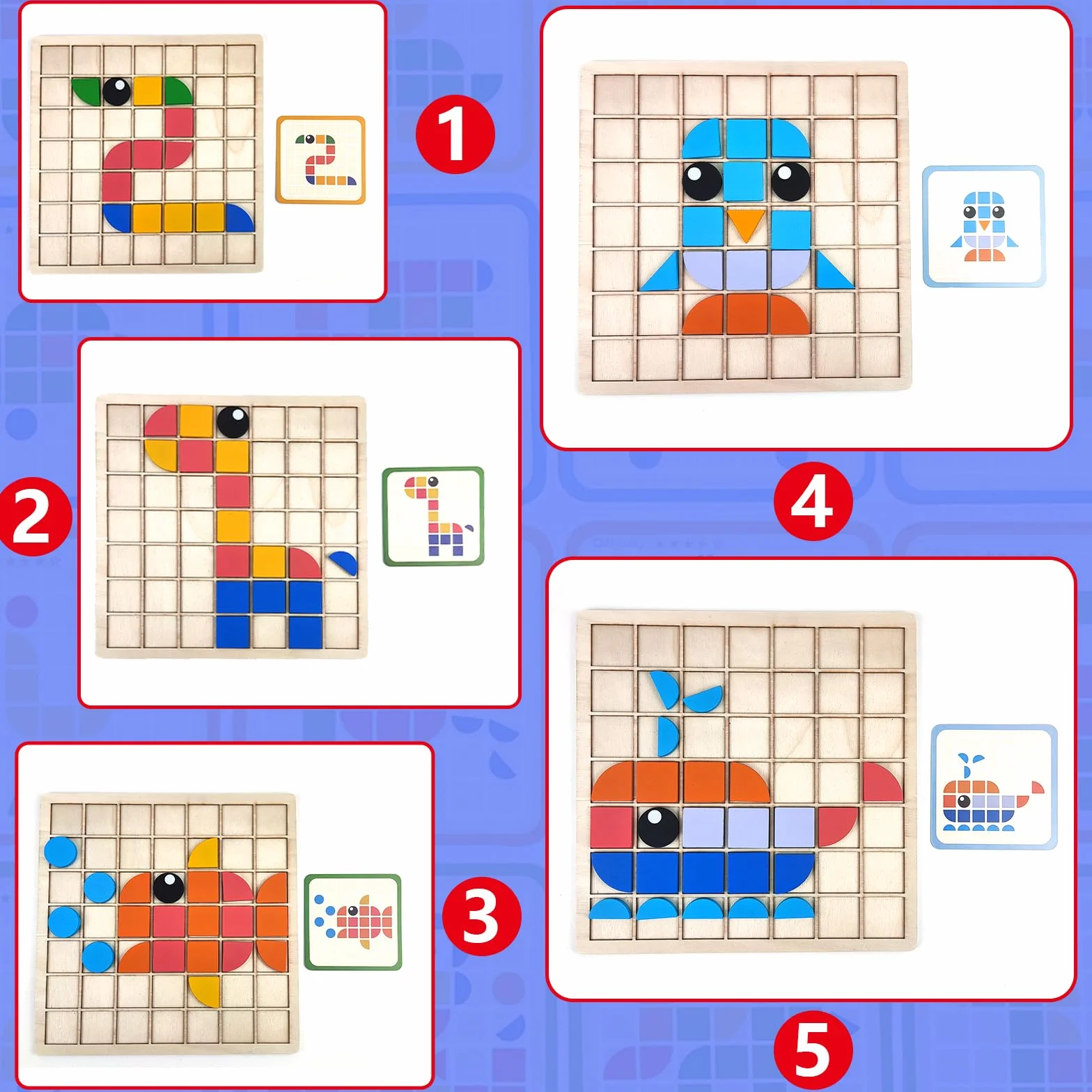 Tangram Drewno, edukacyjna gra mozaikowa dla dzieci 3-6 lat, puzzle kolorów i kształtów, 140 sztuk, 20 kart, gry Montessori, prezent urodzinowy