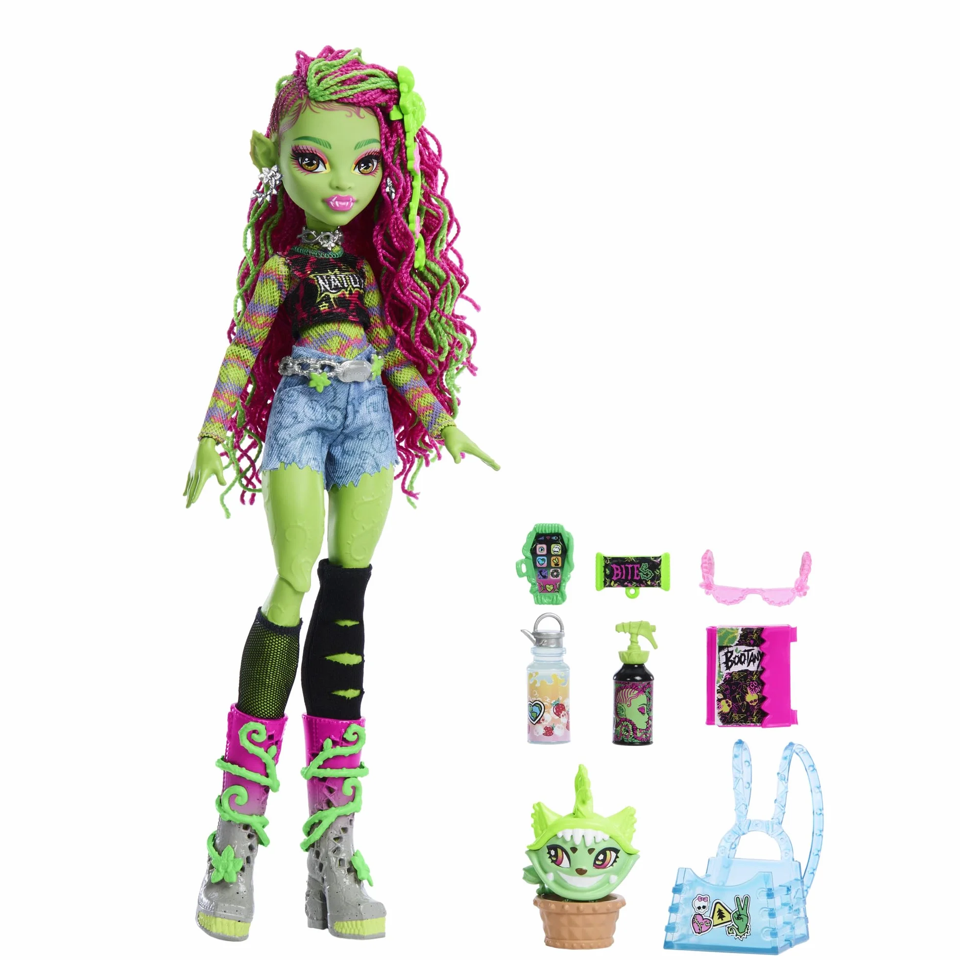 Monster High Venus McFlytrap Lalka + kotek Chewlian oraz akcesoria, takie jak plecak, notes i „przekąski”, HRP81