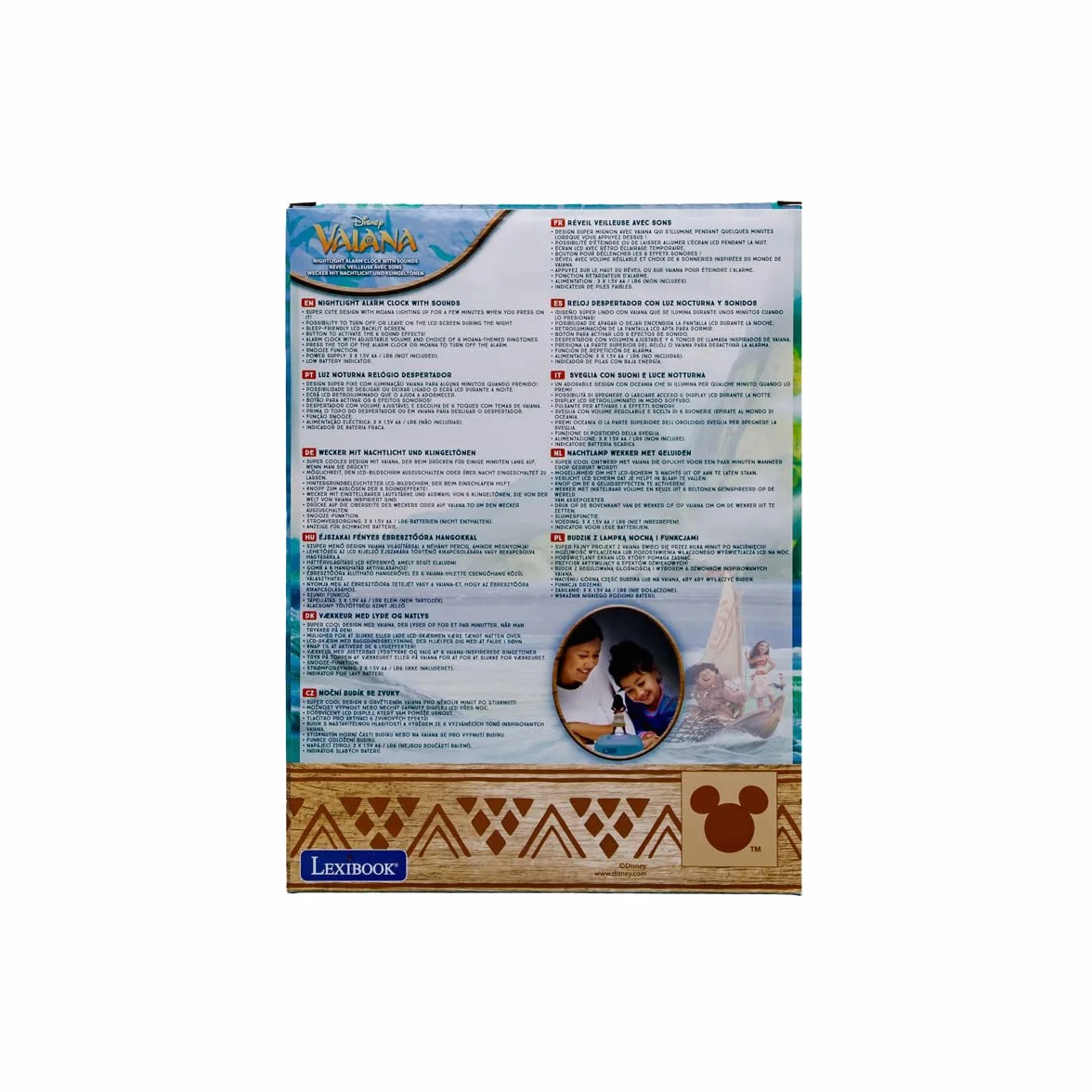 Lexibook, Vaiana, Budzik Nocna Lampa Vaiana, Dźwięki i Melodie, Podświetlany Ekran LCD, Luminizujący, Funkcja Drzemki, RL800VN