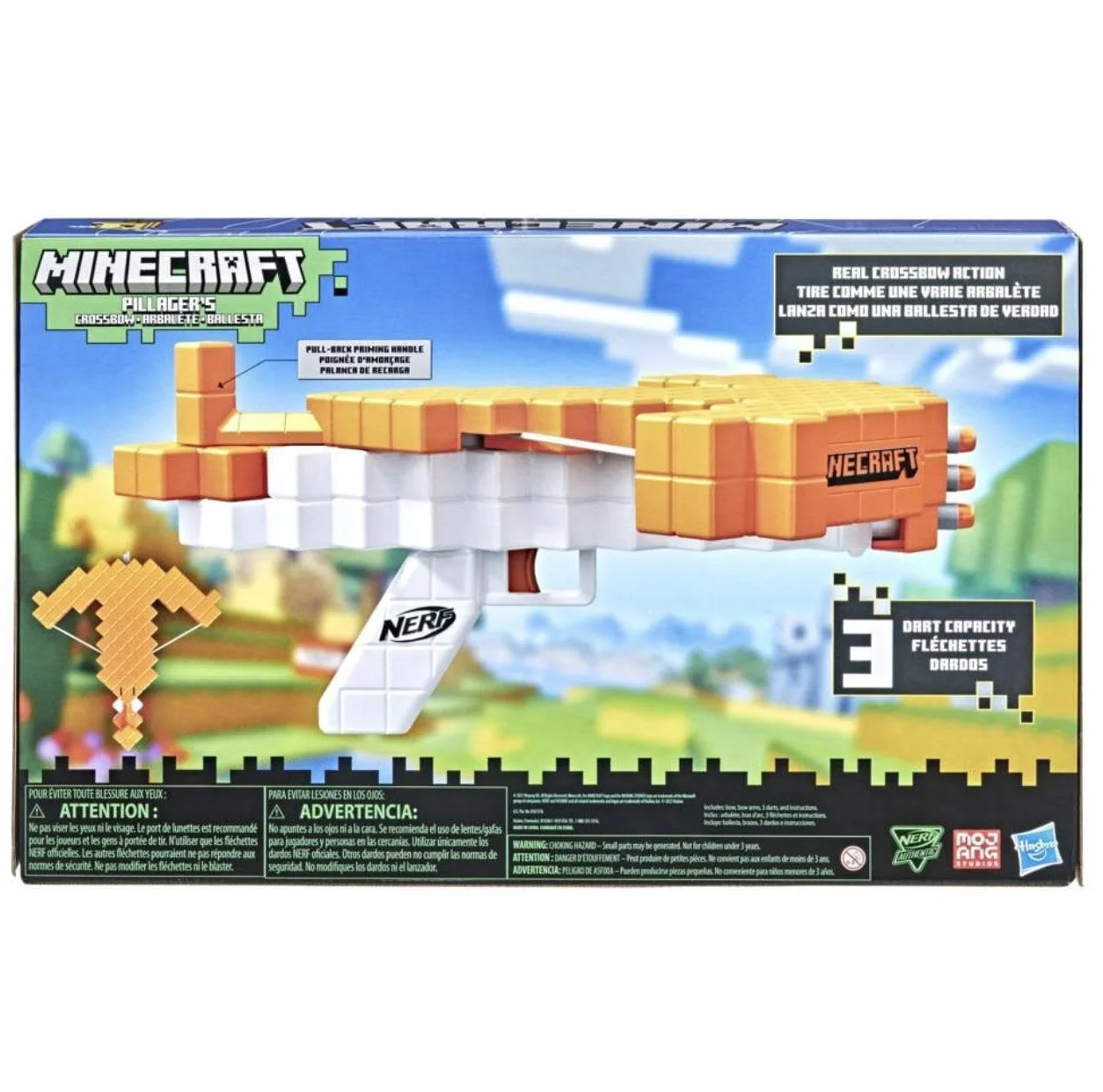 Nerf Minecraft Pillager's Crossbow, strzelająca strzałkami kusza, prawdziwy mechanizm działania kuszy, dołączono 3 oryginalne strzałki Nerf Elite