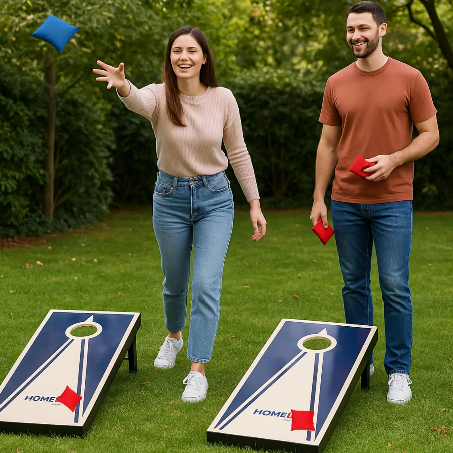 HOME It Play - Zestaw Cornhole z torbami do rzucania - 2 deski + 8 worków - kompaktowy zestaw outdoorowy z uchwytami - idealny do ogrodu na plażę i kemping