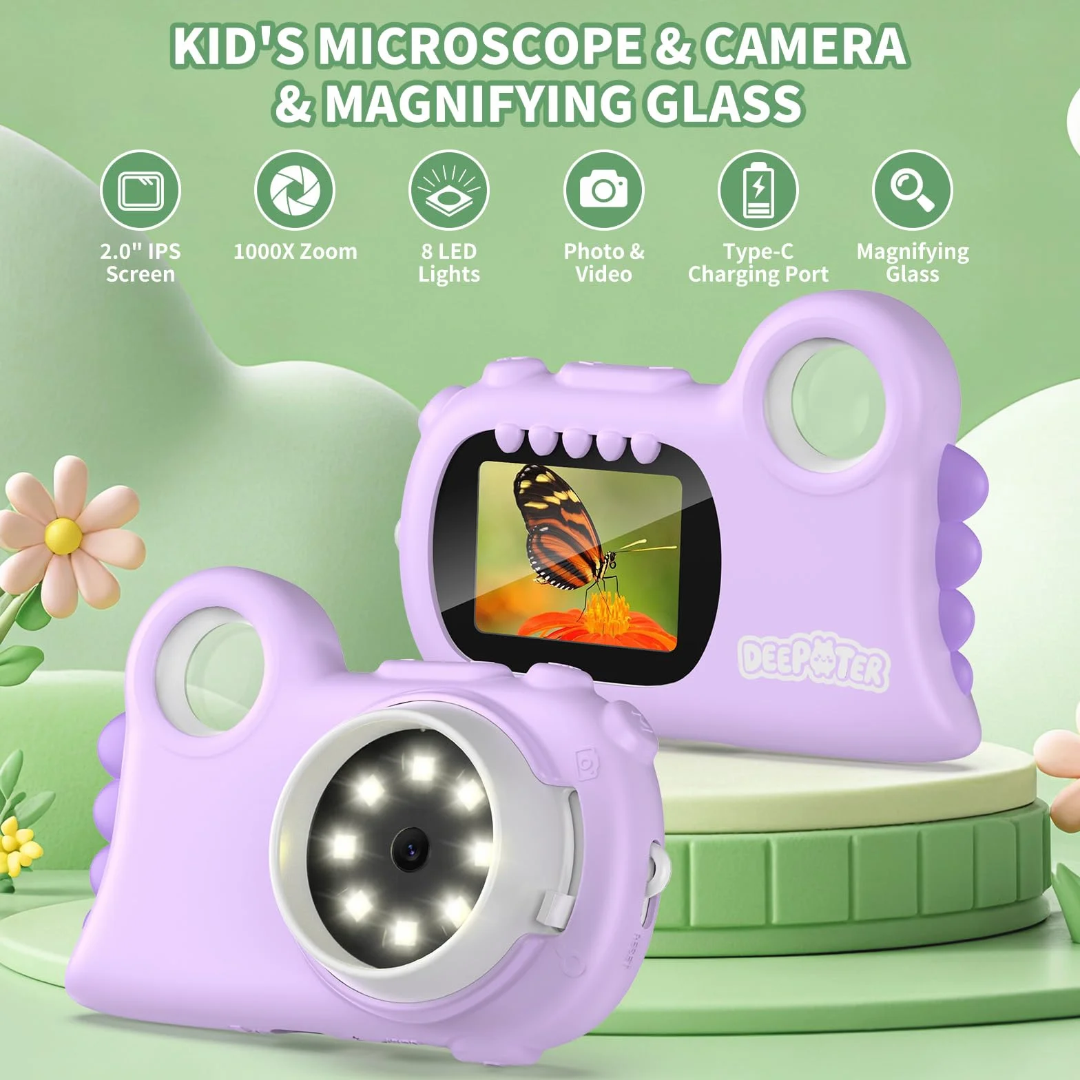 Przenośny mikroskop dziecięcy 2 w 1, mikroskop kieszonkowy Deepoter 1080P, 1000X, 2,0" IPS, 8 świateł LED, przenośny mikroskop z nagrywaniem zdjęć i filmów na urodziny/Boże Narodzenie, fioletowy
