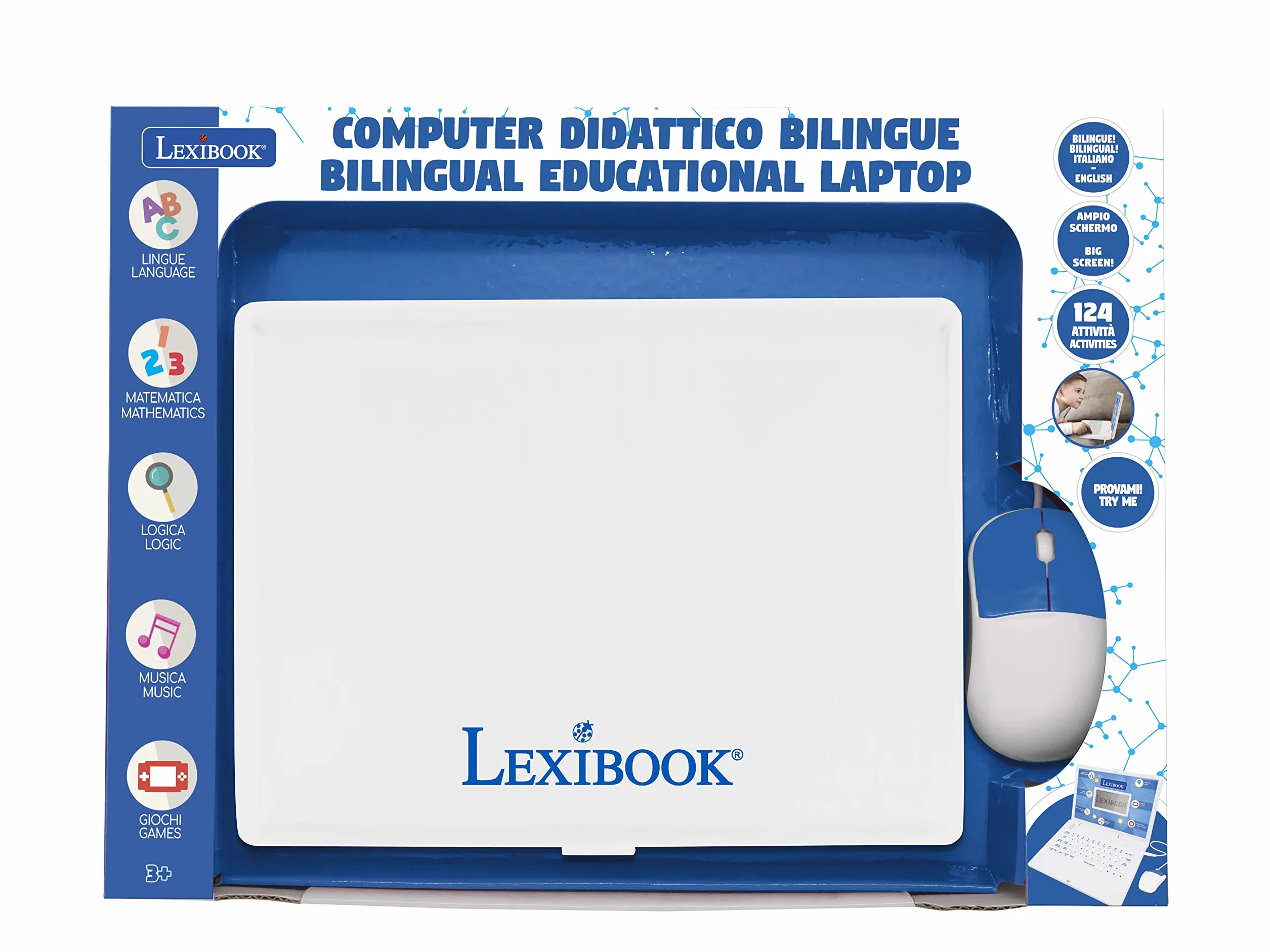 Lexibook, Edukacyjny i dwujęzyczny przenośny włoski/angielski, zabawka z 124 ćwiczeniami do nauki matematyki, wpisując logikę, czytanie zegara, gry i muzyka, biały, JC598i5