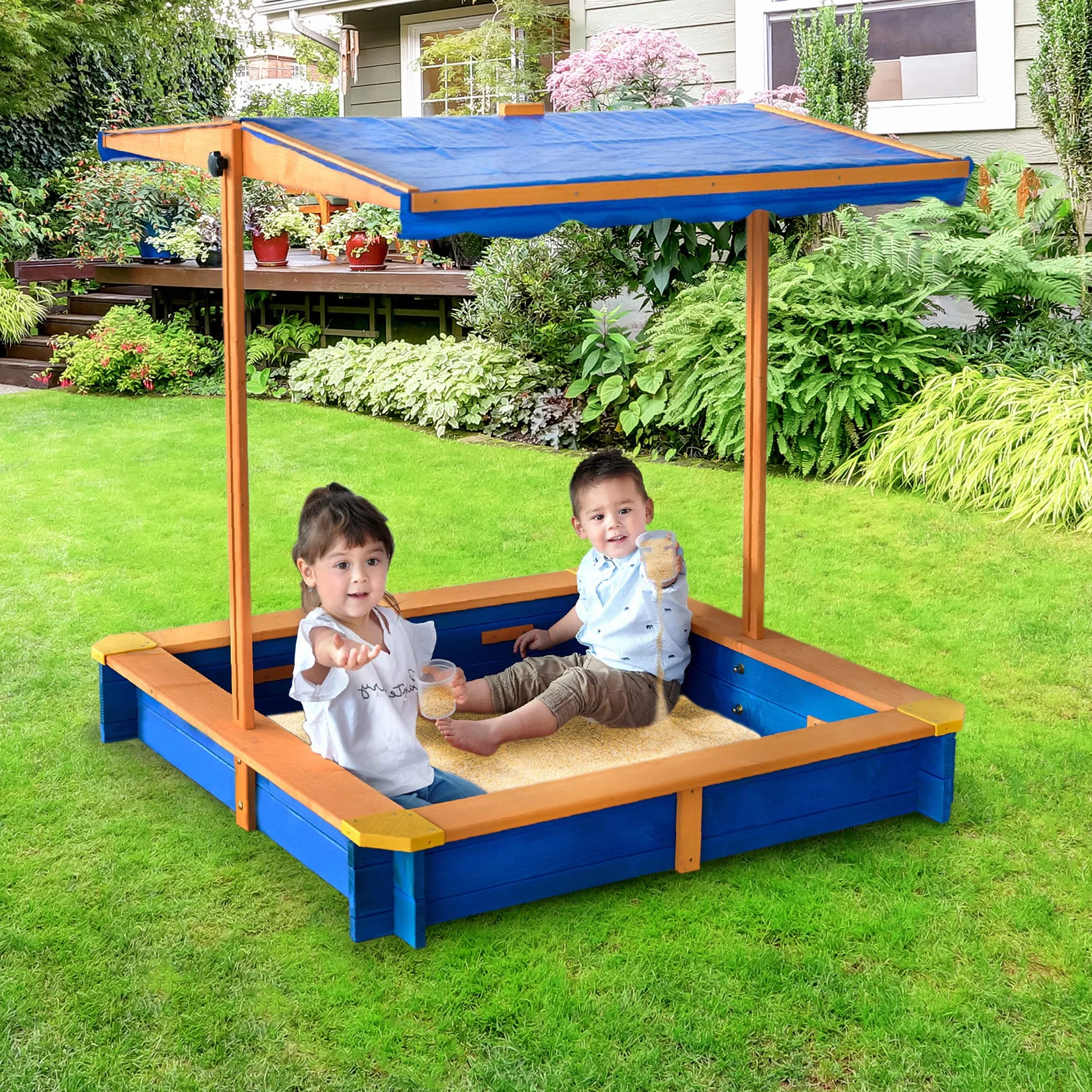Teamson Kids Duża Drewniana Piaskownica na Zewnątrz z Pokrywką, Obrotowym Baldachimem i Regulowaną Wysokością, Zabawka Ogrodowa Piaskownica z Pokrywą dla Chłopców i Dziewcząt
