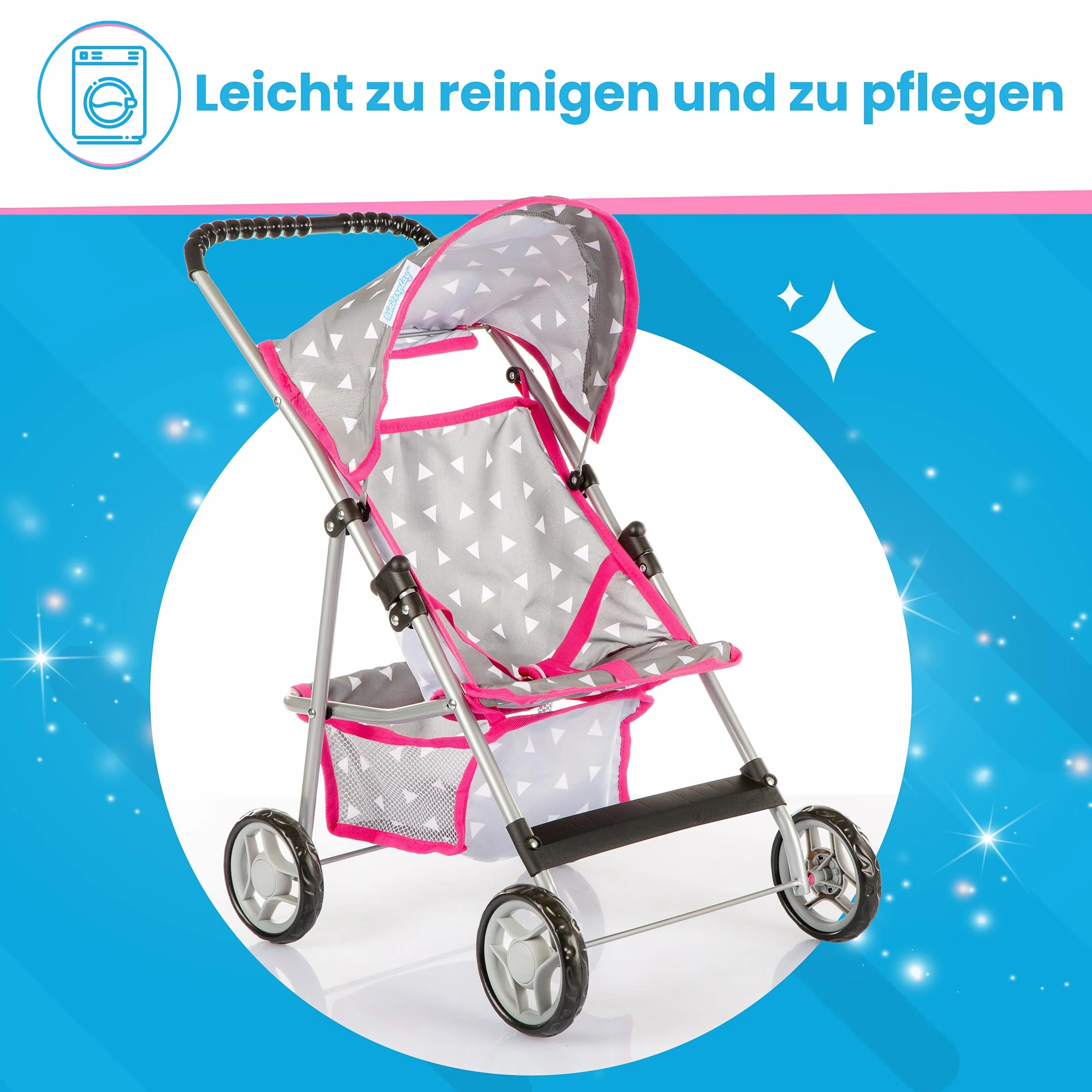 Kinderplay Wózek dla lalek, wózek dziecięcy, wózek dla lalek, wózek z pasem bezpieczeństwa i siatką na zakupy – zabawka dla niemowląt, nowoczesne, lekko obracające się kółka i miękka rękojeść, KP0280S