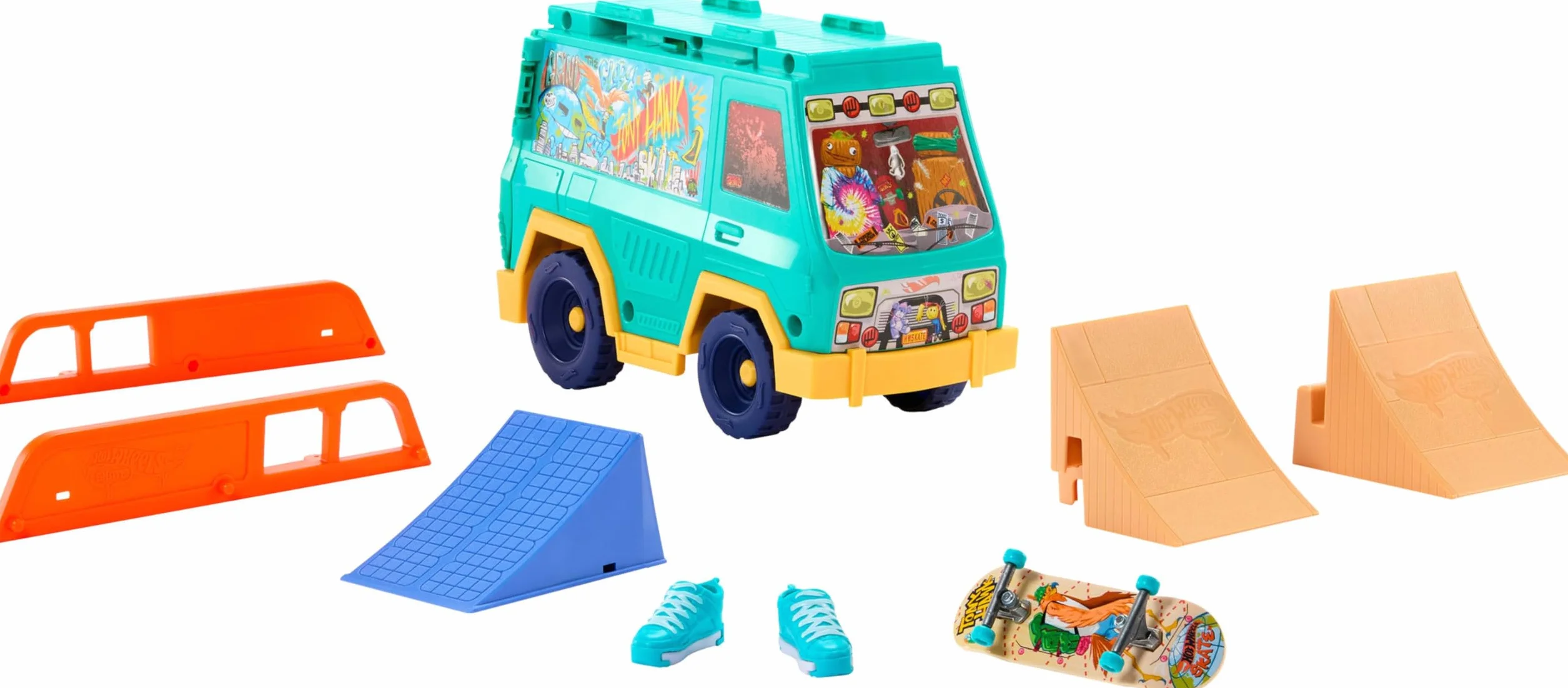 Hot Wheels Skate Van Pojazd i Zestaw 2 w 1 z Deskorolką i Butami na Palce Tony Hawk, Zabawka dla Dzieci JGG91