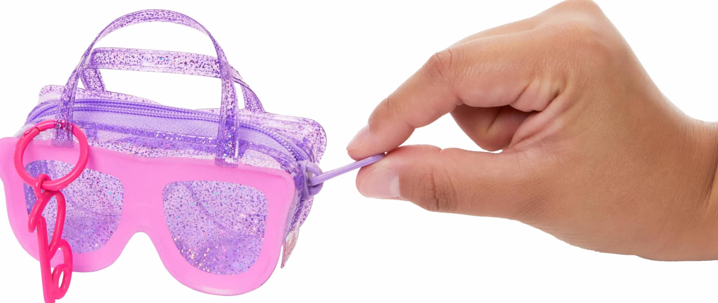Barbie Ubrania i akcesoria, Luksusowa torba w kształcie okularów przeciwsłonecznych z brelokiem, wielokolorowa sukienka w kratkę i letnie akcesoria dla modnych lalek