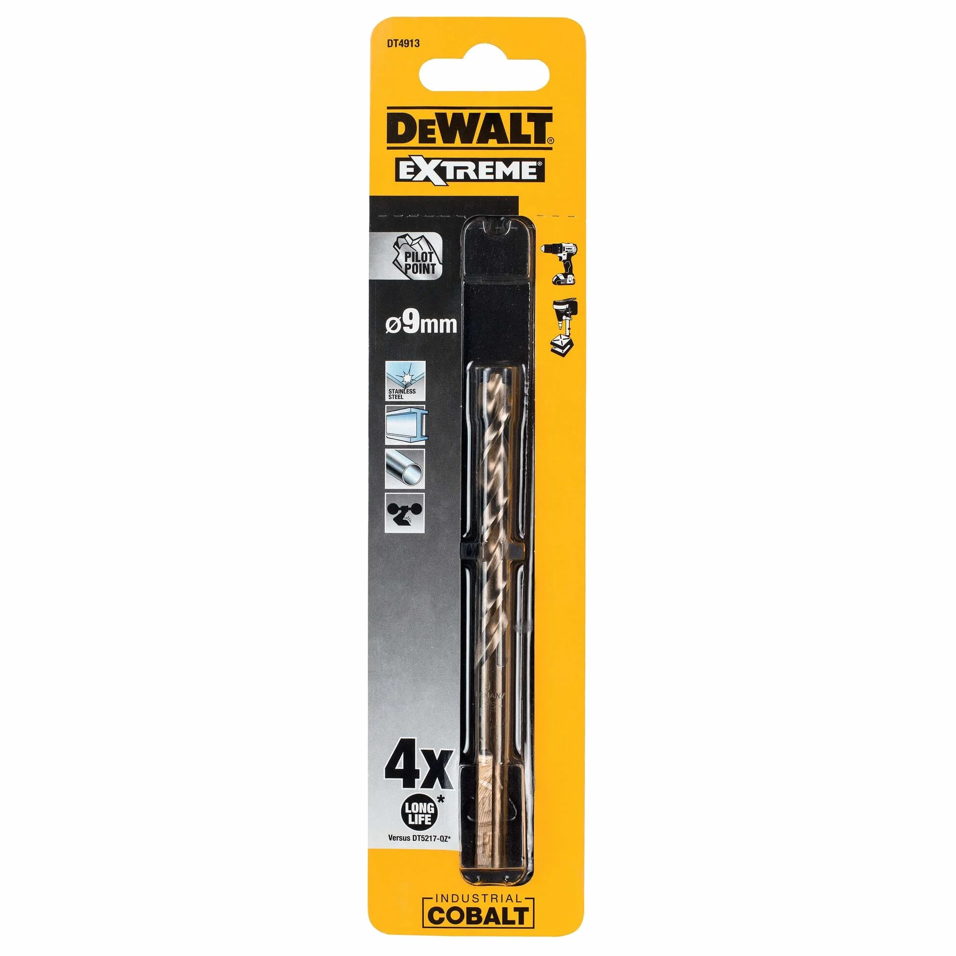 Dewalt DT4913-QZ wiertło do metalu Extreme HSS-Co (9 x 125 x 78 mm, do stosowania w stalach wysokostopowych do 1100 N/mm², wytrzymałość na rozciąganie, żeliwo szare i ciągliwe, stal odporna na kwasy i