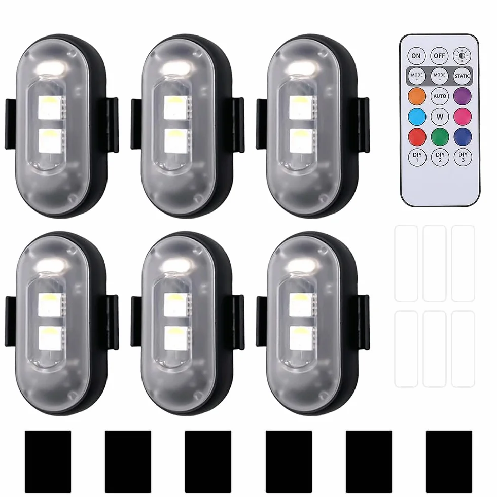 Bezprzewodowe światła LED, 6 sztuk, 8 kolorów, stroboskop, wodoszczelne, pilot zdalnego sterowania, lampa błyskowa z pilotem zdalnego sterowania, ładowanie przez USB, światła antykolizyjne, LED