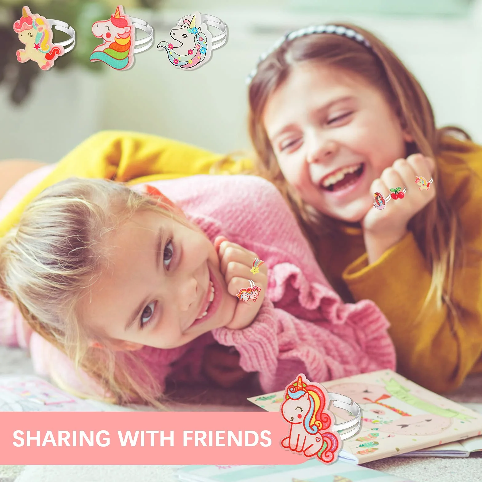 HIFOT Zestaw 16 pierścionków dziecięcych, dla dziewcząt, regulowane pierścionki syrenki, jednorożec, zestaw biżuterii, pierścionek księżniczki, na imprezę, na imprezę