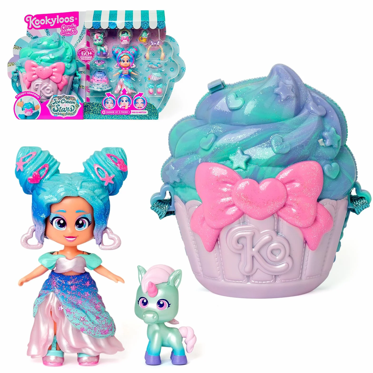 KOOKYLOOS CANDY LAND ICE CREAM STARS – 3 w 1 słodka stylowa lalka,zawartość:1 laleczka,3 stroje,2 pary bucików, mały jednorożec,przekąska, akcesoria Mix&Match i niebiesko-turkusowa torebka babeczka.