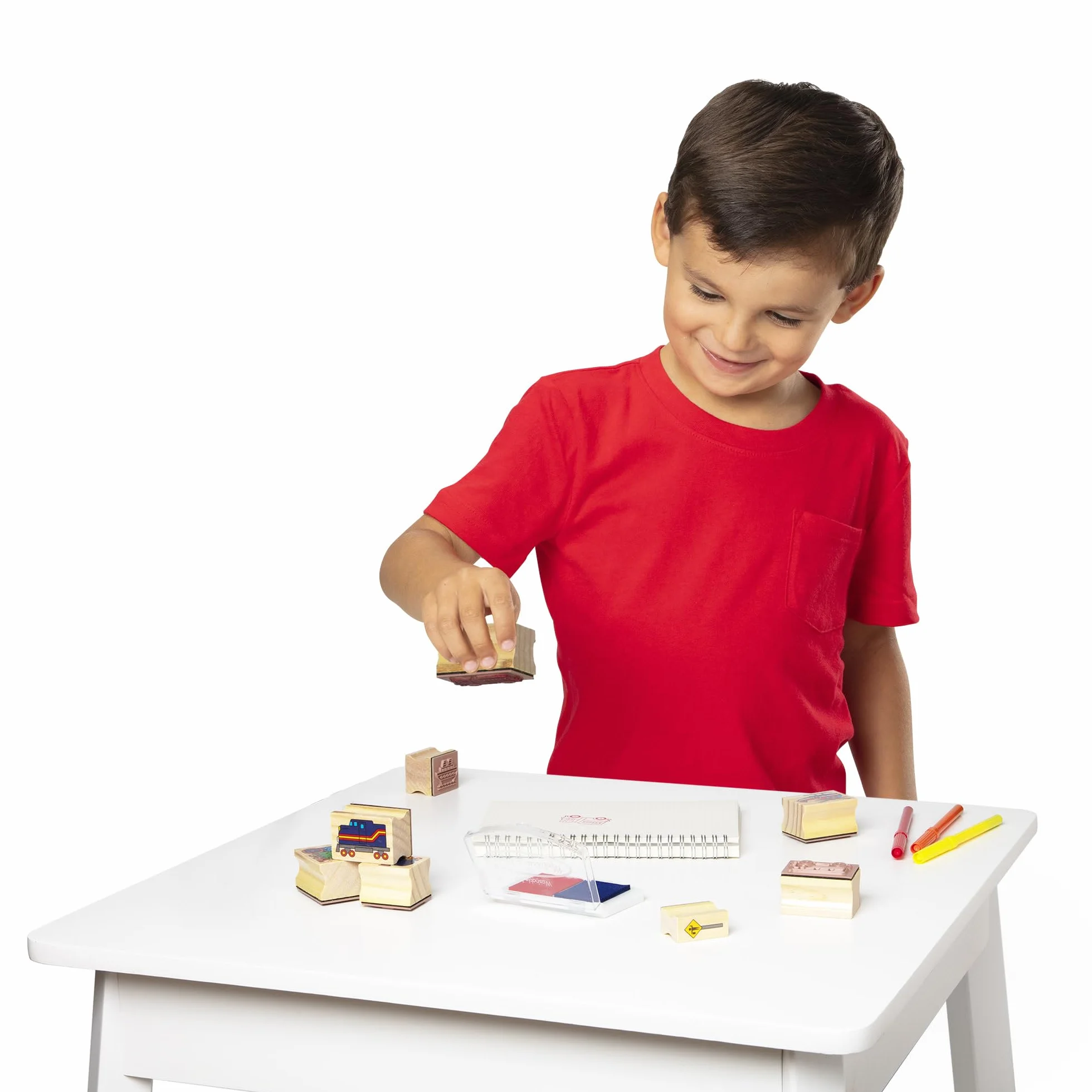 Melissa & Doug 41901 Zestaw drewnianych pieczątek Deluxe - Pojazdy | Sztuka i rzemiosło | 3+ | Prezent dla chłopca lub dziewczynki