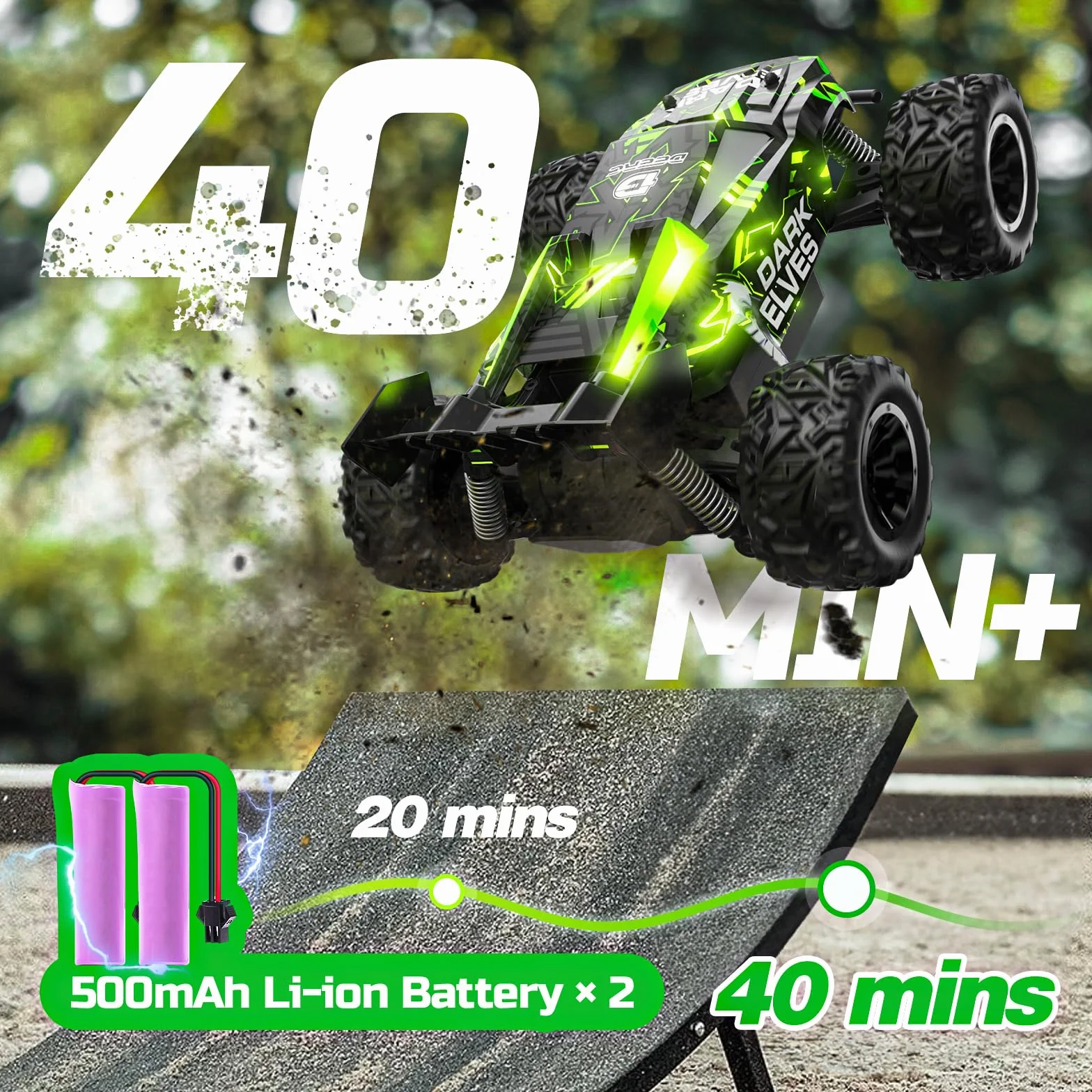 DEERC Samochód zdalnie sterowany, podświetlane samochody RC 2,4 GHz z 2 akumulatorami do 40 minut gry, zabawka terenowa Monster Truck dla chłopców i dzieci od 8 lat..