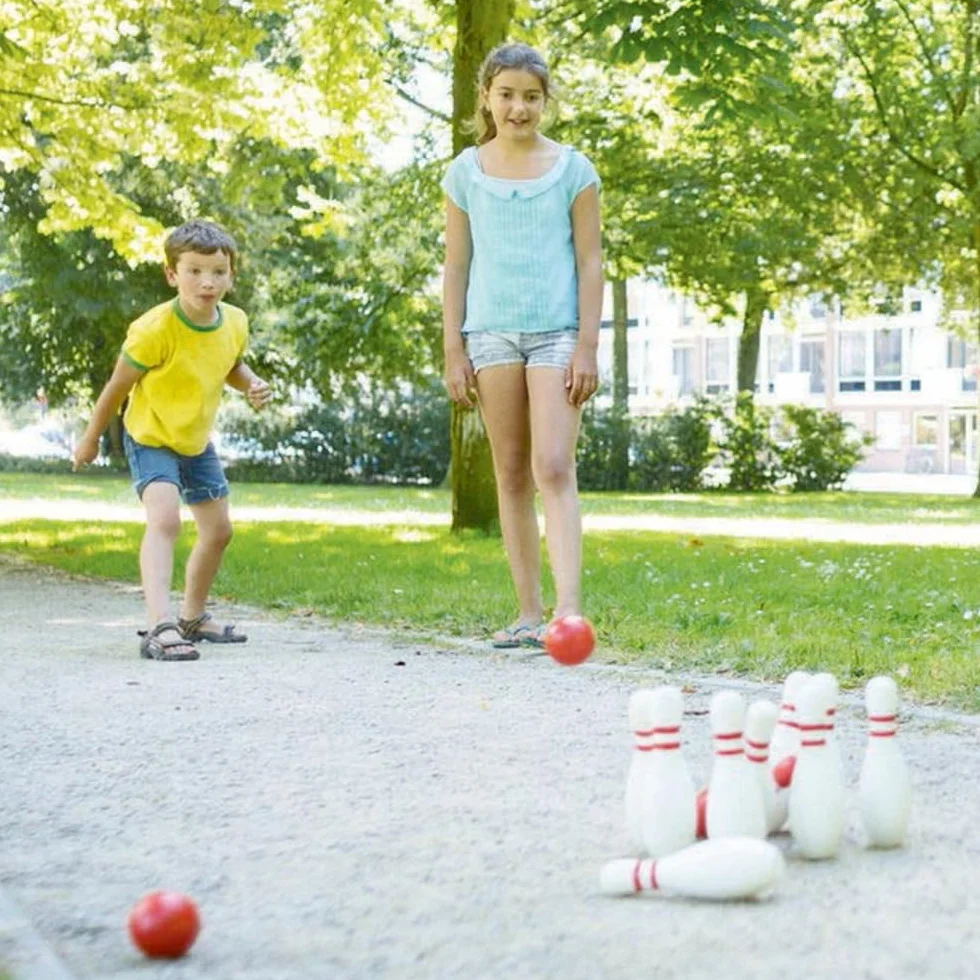 BS Toys drewniane kręgle dla dzieci i dorosłych - do użytku wewnątrz i na zewnątrz - gry planszowe - idealne dla dzieci od 3 lat - wysokiej jakości brzoza - niebieski, różowy i żółty zestaw