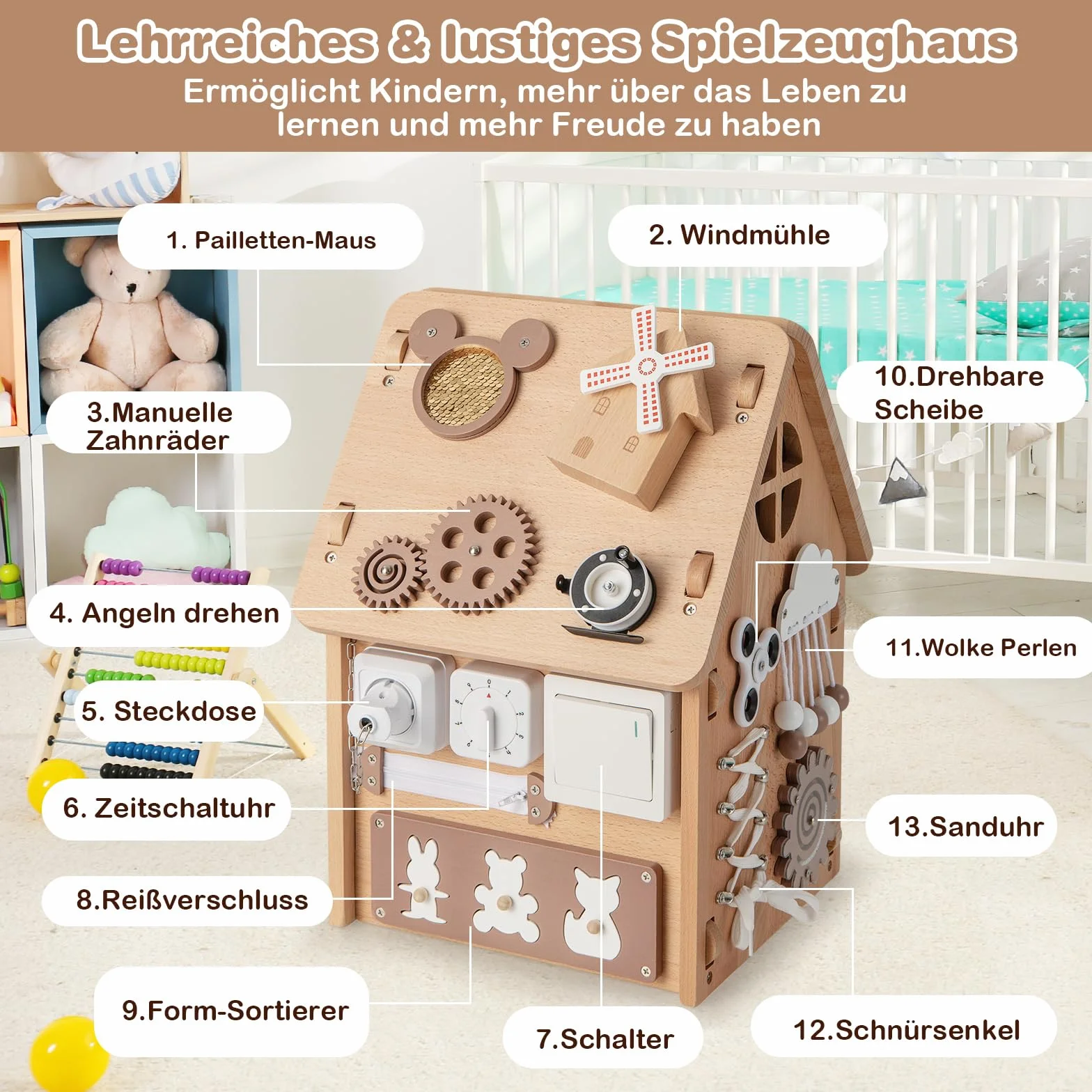 COSTWAY Domek do zabawy dla dzieci z drewna, sensoryczny domek z zabawkami sensorycznymi i miejscem do przechowywania wewnątrz, zabawka Montessori, kostka do aktywności, prezent dla chłopców i