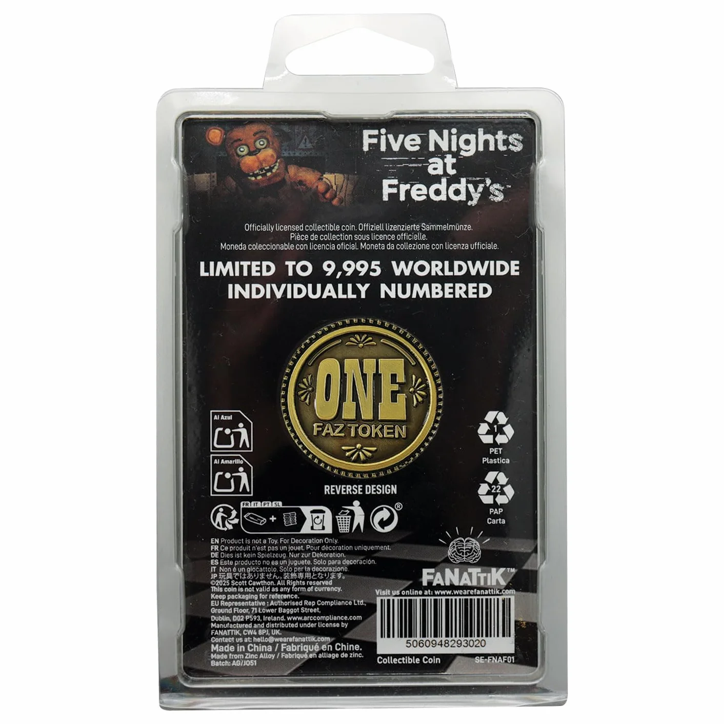 FaNaTtik Five Nights at Freddy's One Faz Token kolekcjonerska moneta - oficjalnie licencjonowany produkt z limitowanej edycji - średnica 38 mm - replika FNAF Pizzeria Simulator (9 995 na całym świecie