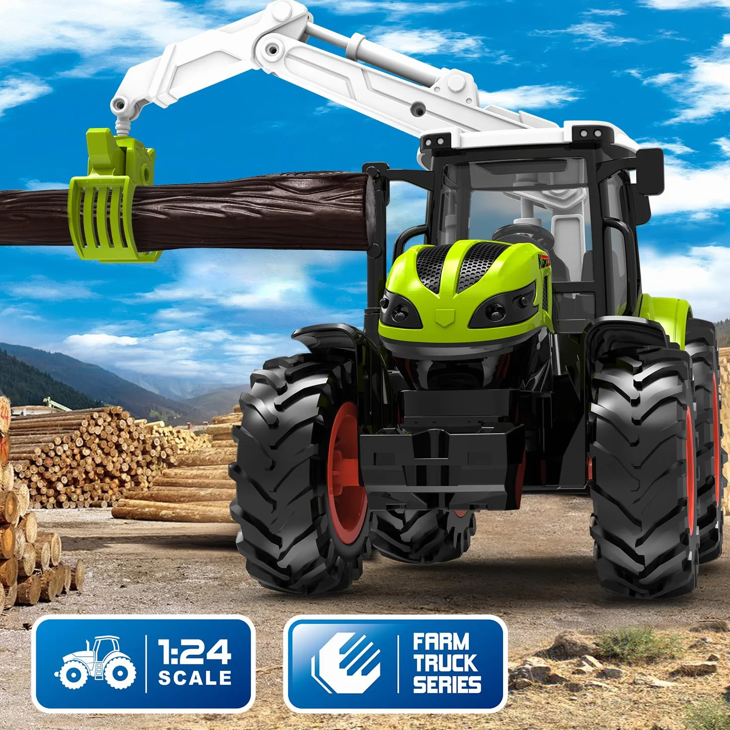Zabawka traktorowa, zdalnie sterowany traktor, zdalnie sterowany traktor, dla dzieci od 3, 4, 5, 6 lat, zabawka dla dzieci, zielona zabawka ze światłem, drewniany chwytak i 3 pnie drzew, zdalnie