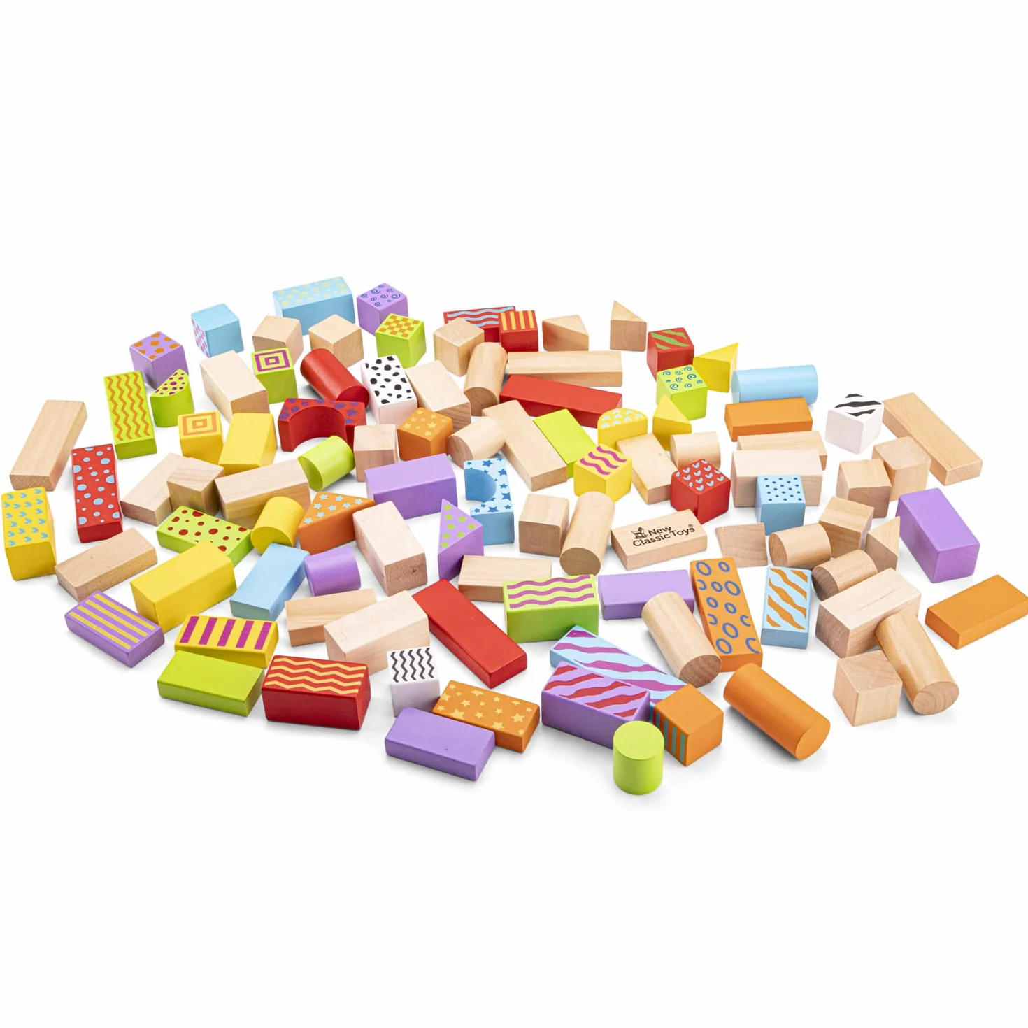 New Classic Toys 10813 drewniane klocki fantasy w bębnie edukacyjna zabawka percepcyjna dla dzieci w wieku przedszkolnym chłopcy dziewczęta 100 sztuk kolorowe