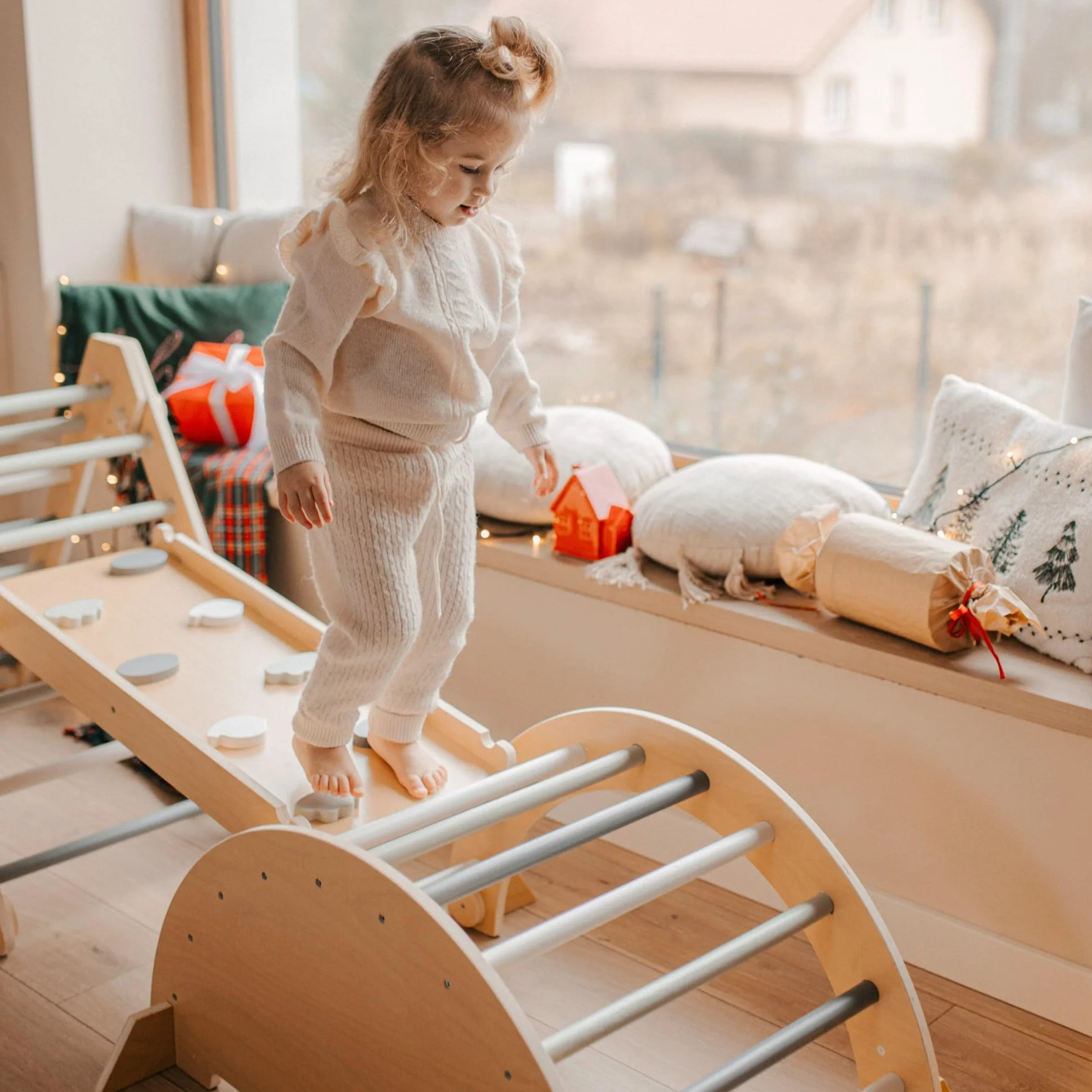 Mamabrum Drewniany Plac Zabaw Dla Dzieci – Trójkąt Piklera, Łuk Wspinaczkowy, Zjeżdżalnia Dwustronna – Montessori Zestaw Sportowy Do Domu, Składany, Bezpieczny