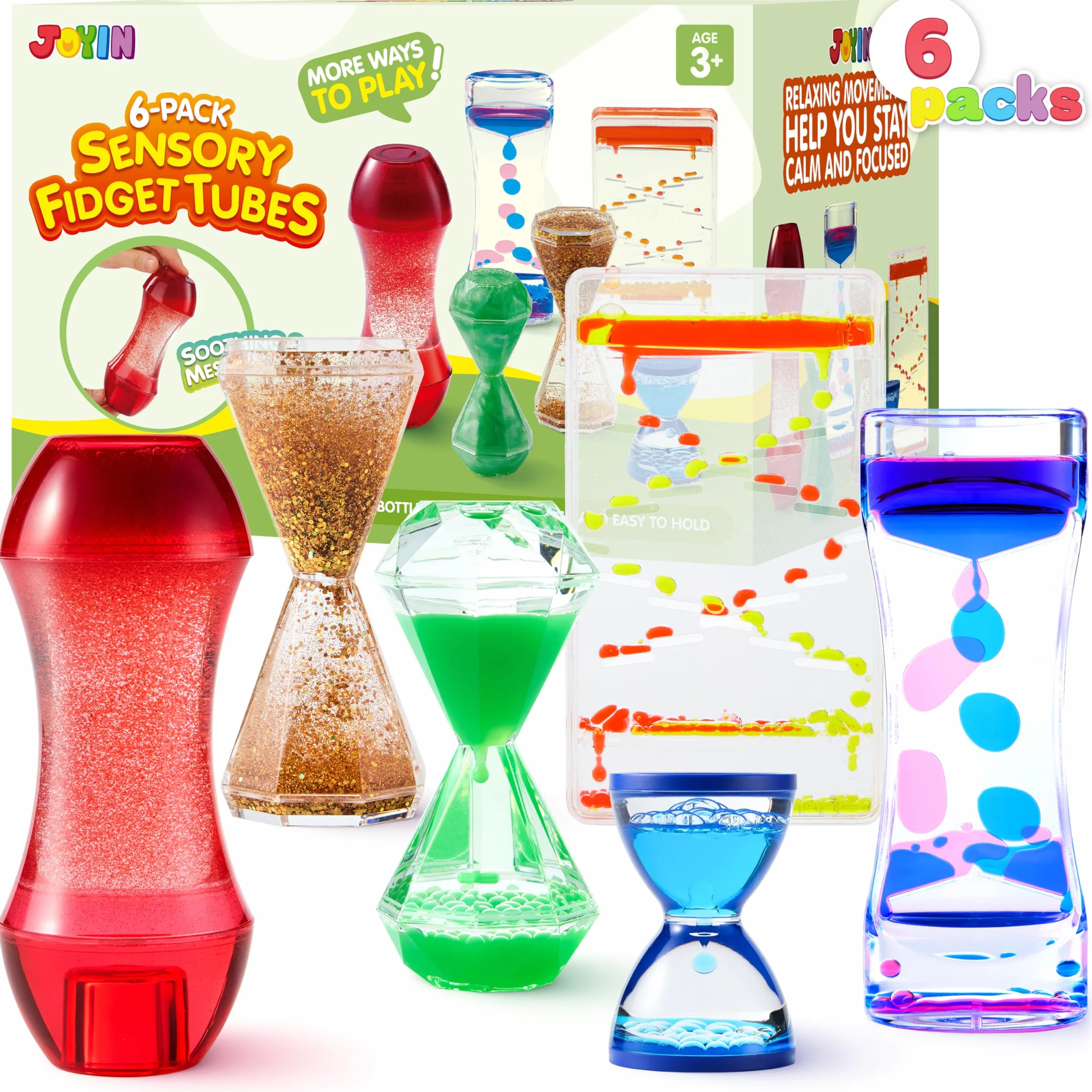 JOYIN 6 szt. sensoryczne zabawki Fidget Tubes dla dzieci z autyzmem, kojące butelki sensoryczne z wodą