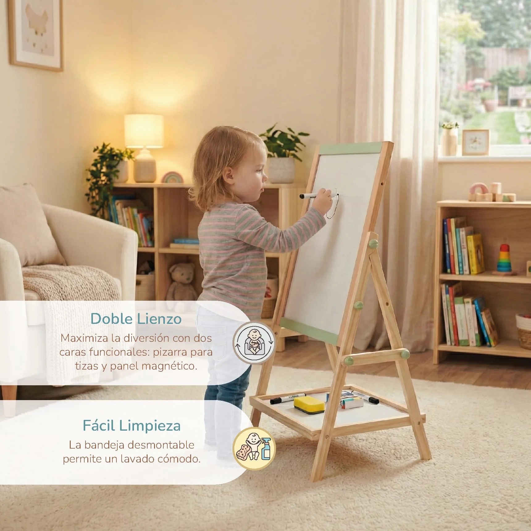 BUDDY BABY Kreatywna tablica dla dzieci Montessori - dwustronna tablica ze sztalugą - w zestawie pudełko na kredę, 2 gumki i 1 długopis - wymiary: 65 x 37 x 35