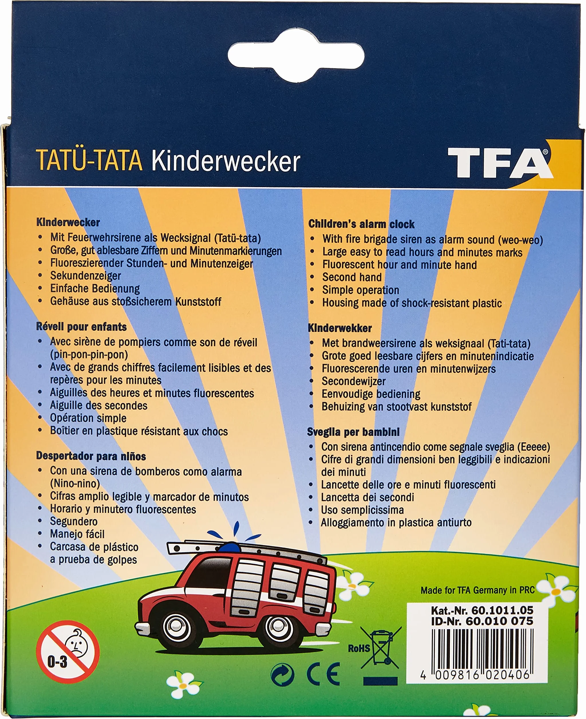 TFA Dostmann Tatü-Tata analogowy budzik dziecięcy Tatüta, 60.1011.05, zegar strażacki, odpowiedni dla dzieci, łatwa obsługa, tworzywo sztuczne, czerwony, dł. 158 x szer. 68 x wys. 173 mm