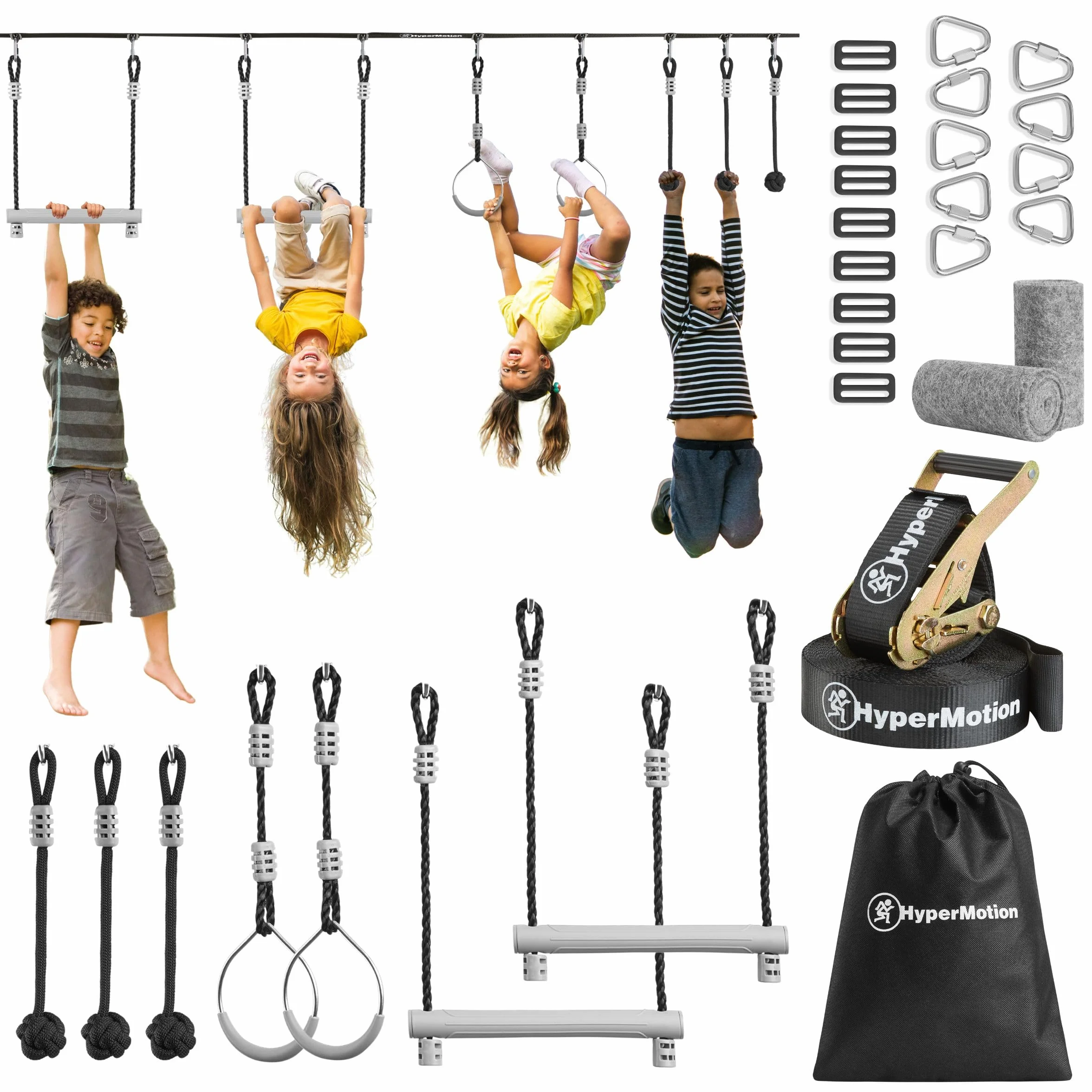 HyperMotion Tor Przeszkód Ninja Dla Dzieci Zestaw Slackline – 7 Przeszkód Z Kółkami Małpimi Pięściami I Drążkami – Udźwig Do 113 kg – Do Ogrodu – Outdoor Zabawa Ruchowa Dla Dzieci I Młodzieży