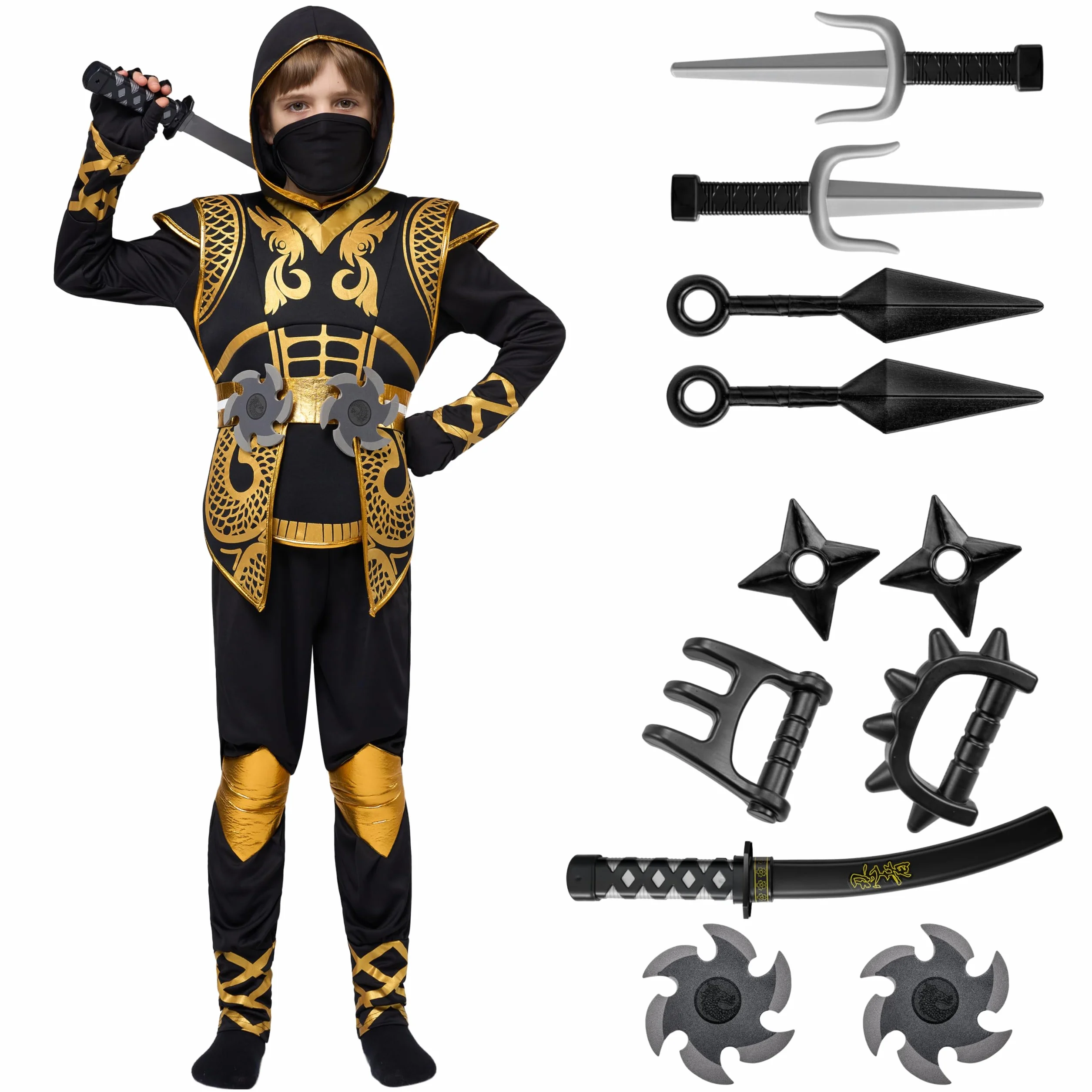 Spooktacular Creations Złoty kostium wojownika ninja dla dzieci, małych dzieci, chłopców