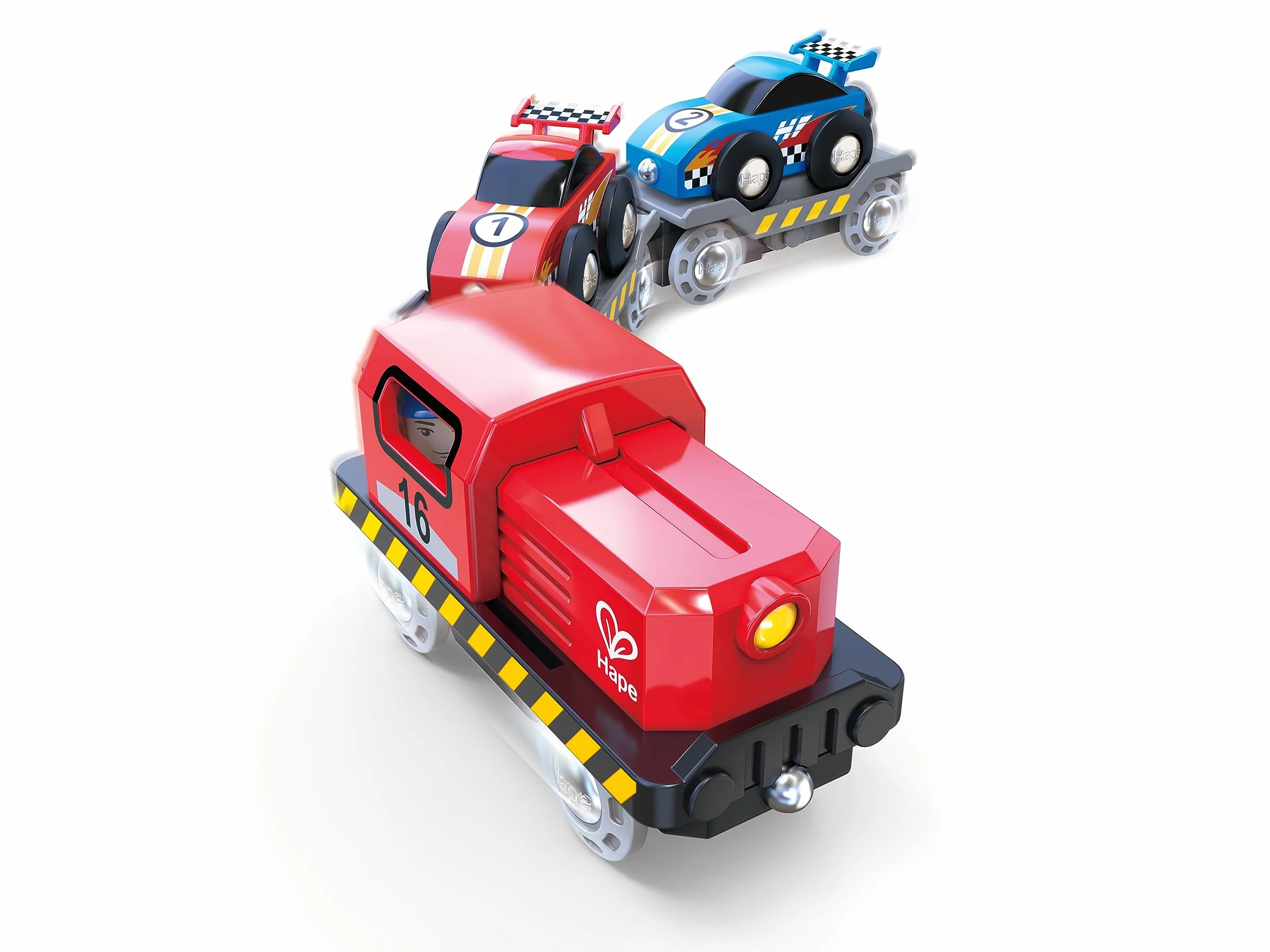 Hape E3735 Race Car Transporter Railway Engine - Wooden Train Track Accessories