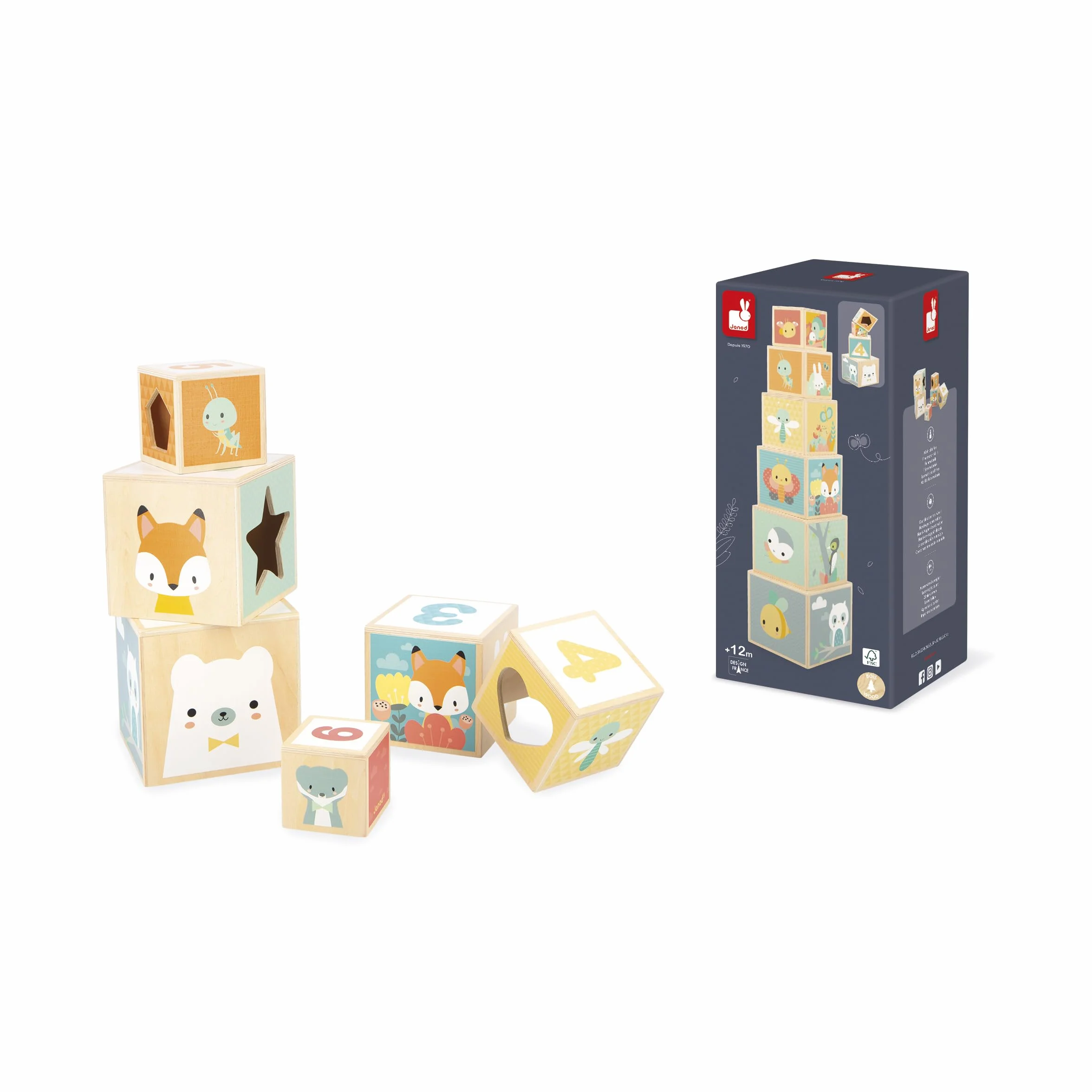 Janod Pyramide en Bois d'Éveil-6 Cubes à Empiler-Jouet d'Empilement d'Encastrement-Développe Dextérité et Imagination-Premier âge-da 12 miesięcy, J05147