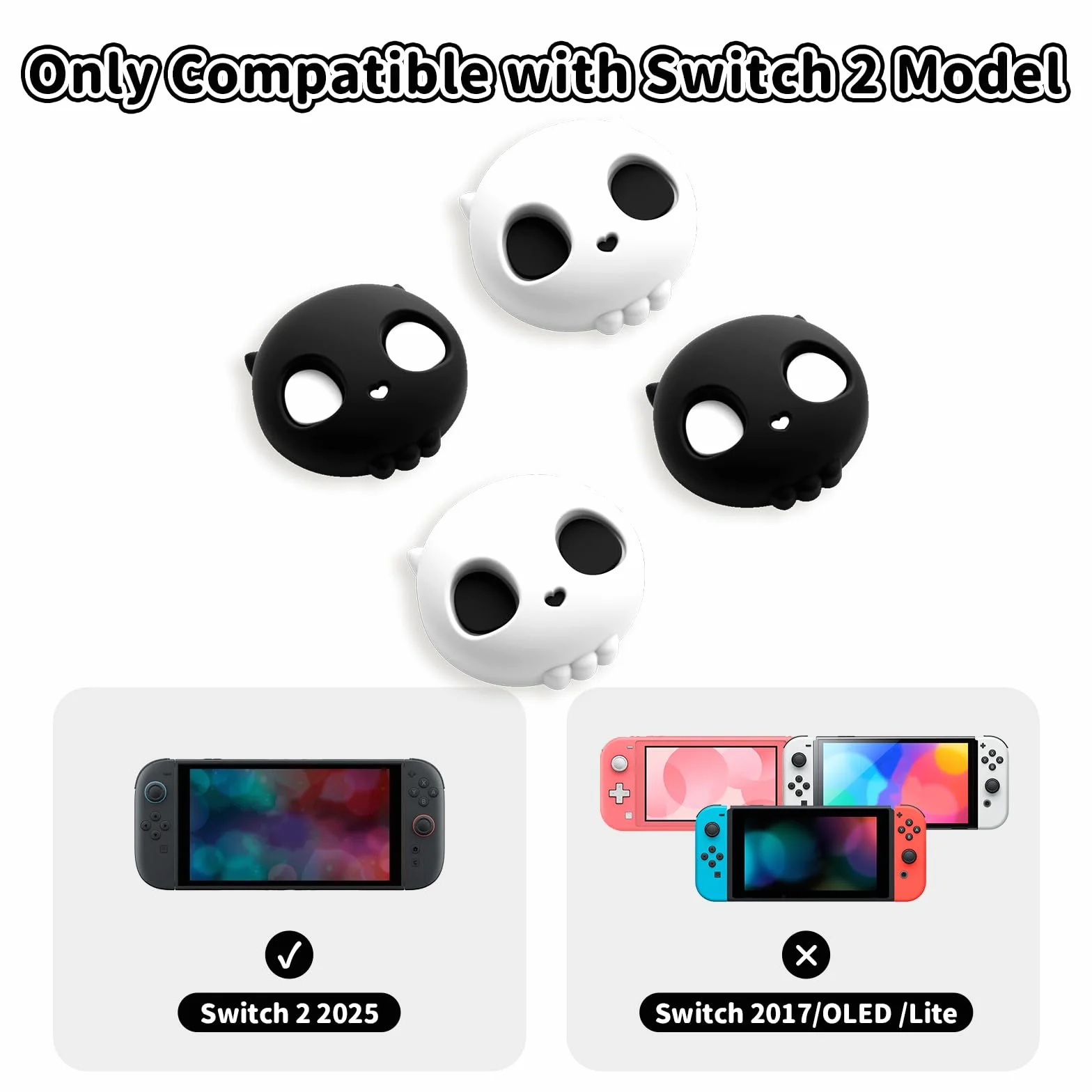 GeekShare Czapki joysticka z czaszką kompatybilne z Switch 2, antypoślizgowe silikonowe nakładki na kciuki, czarno-białe, 4 szt