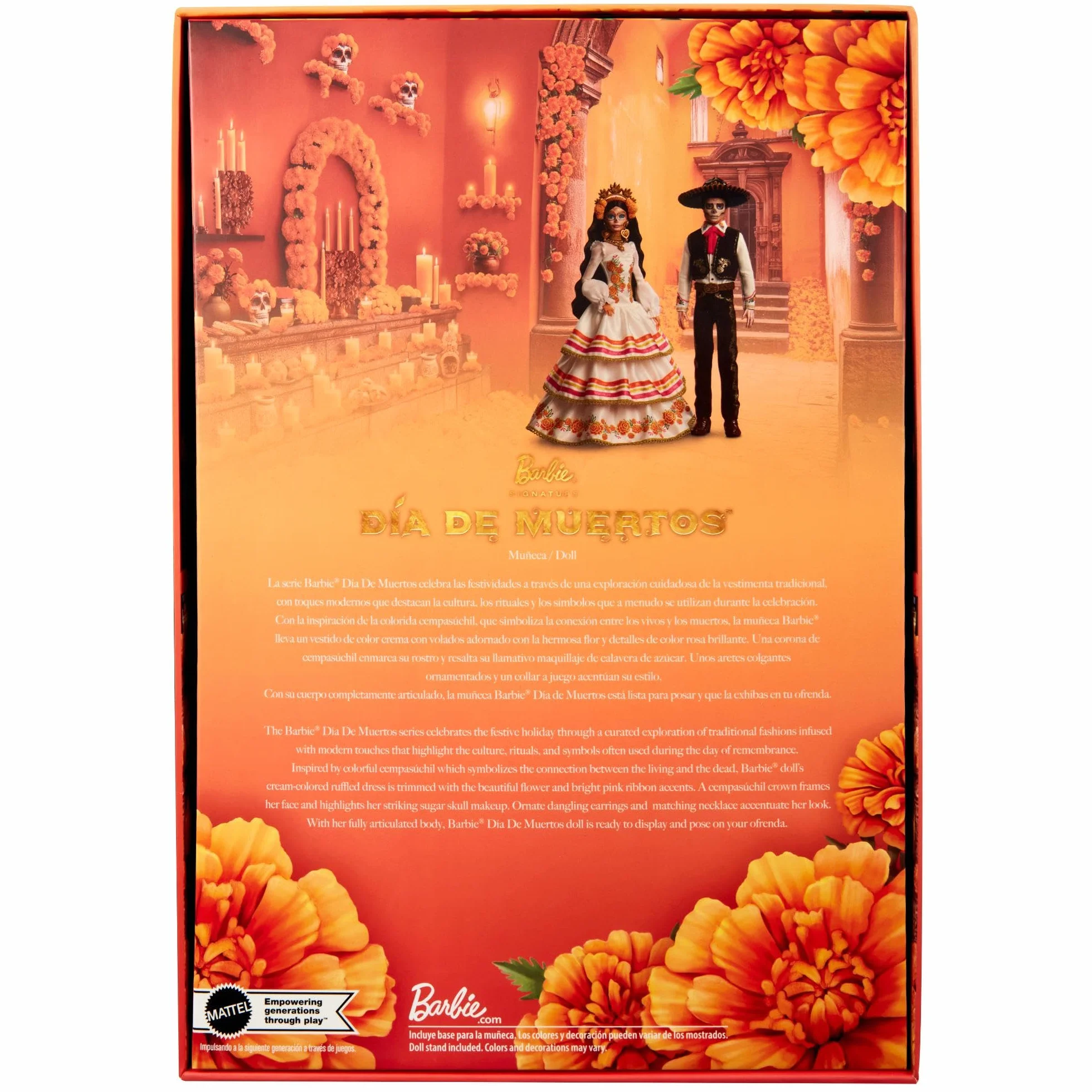 Barbie Signature Lalka Día De Muertos 2025 Kolekcjonerska lalka, kremowa suknia z detalami takimi jak falbanki, aksamitki i naszyte wstążki, kwiatowa korona i charakterystyczny makijaż czaszki, JBJ05