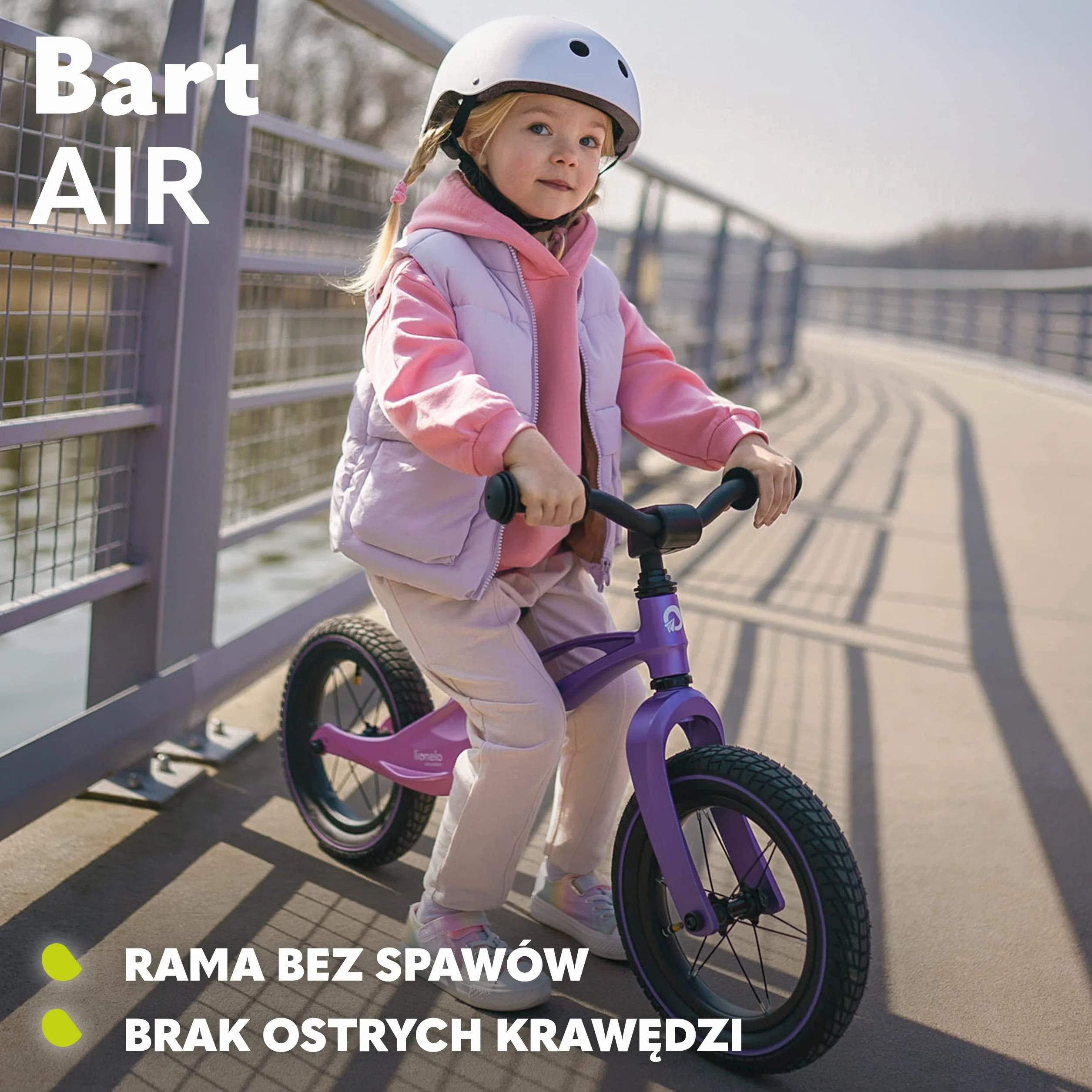 LIONELO Bart Air rowerek biegowy do 30kg, piankowe koła EVA, magnezowa rama, eko-skóra, wyprofilowany podnóżek, antypoślizgowe nakładki, uchwyt do przenoszenia, miękka struktura