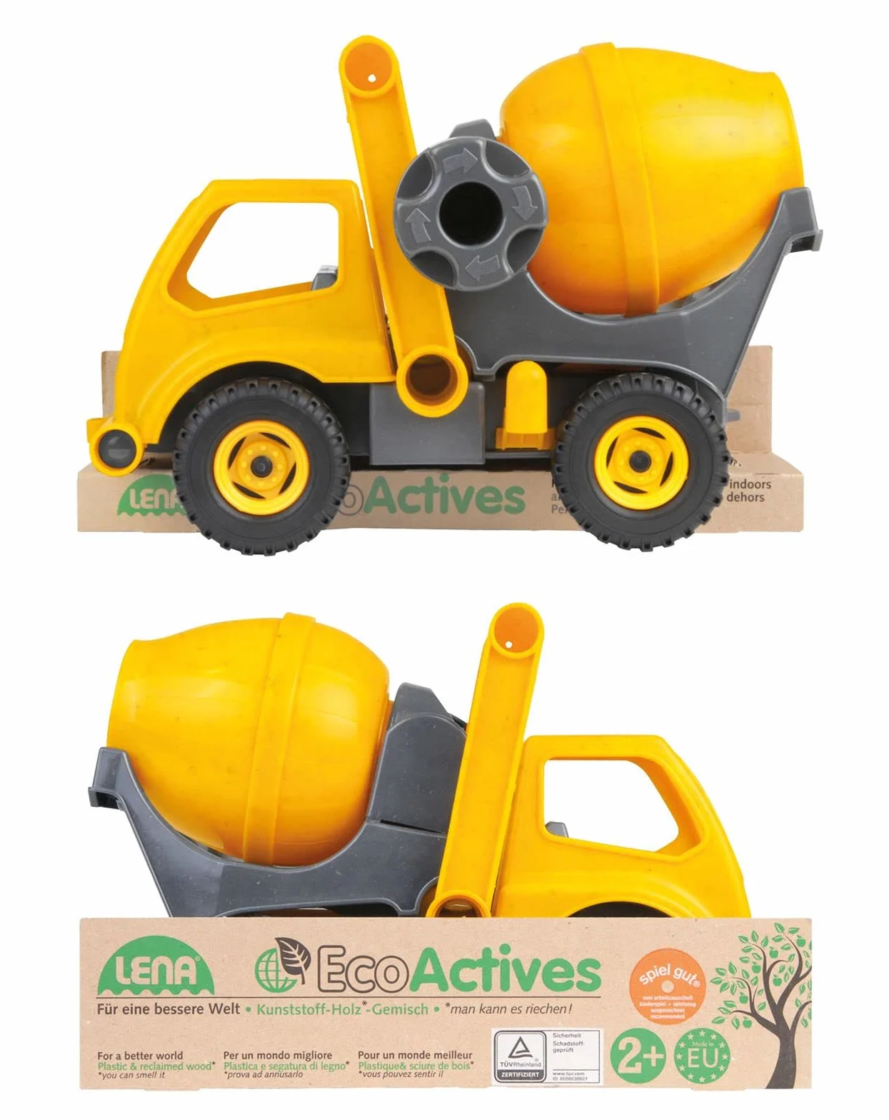Lena 04215 – EcoActives betoniarka, na plac budowy pojazd ok. 28 cm, wytrzymały z ruchomym bębnem mieszającym, pojazd do zabawy dla dzieci od 2 lat, żółty