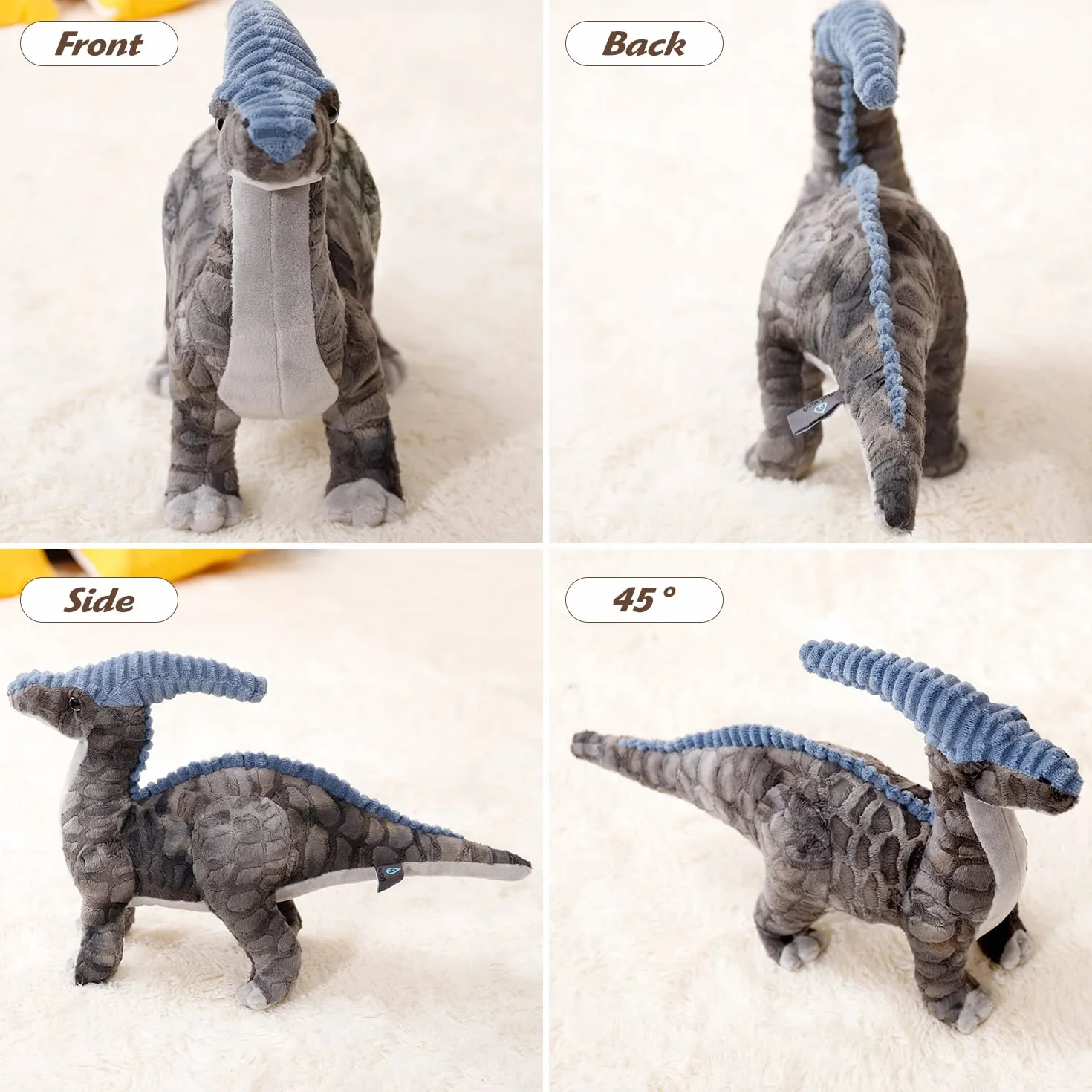 Parasaurolophus pluszowa zabawka z motywem dinozaura, 40 cm, pluszowa zabawka, miękka szarość, prezent dla wszystkich grup wiekowych i okazji