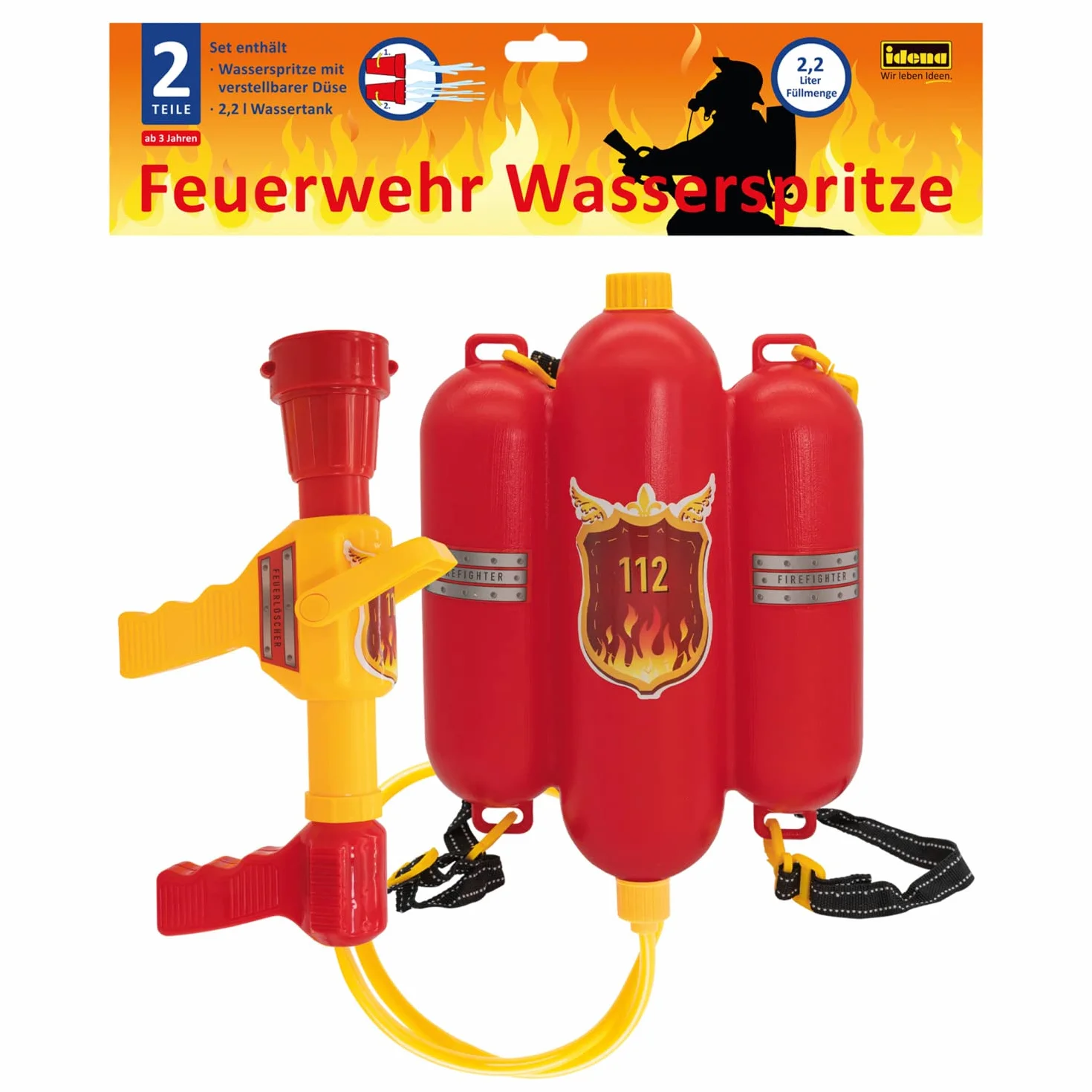 Idena 8040009 – straż pożarna strzykawka wodna, rozmiar ok. 40 cm, z regulowaną dyszą, zbiornikiem na wodę i paskiem na ramię, bitwa wodna, lato, impreza ogrodowa, pistolet natryskowy, pistolet na