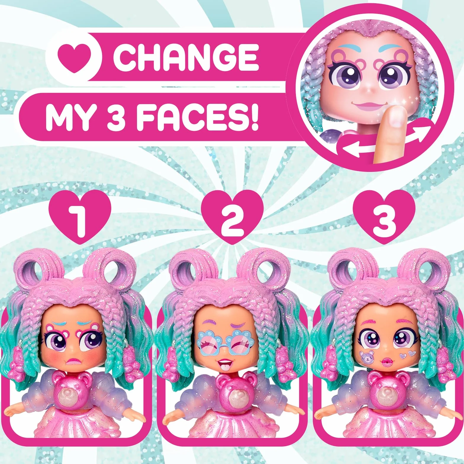 KOOKYLOOS Candy Land Series GUMMY YUMMY – laleczka do kolekcjonowania z serii Candy Land, zawartość: 1 lalka, zestaw ubrań i butów,akcesorium oraz zwierzątko,1 lalka ma 3 różne buzie!