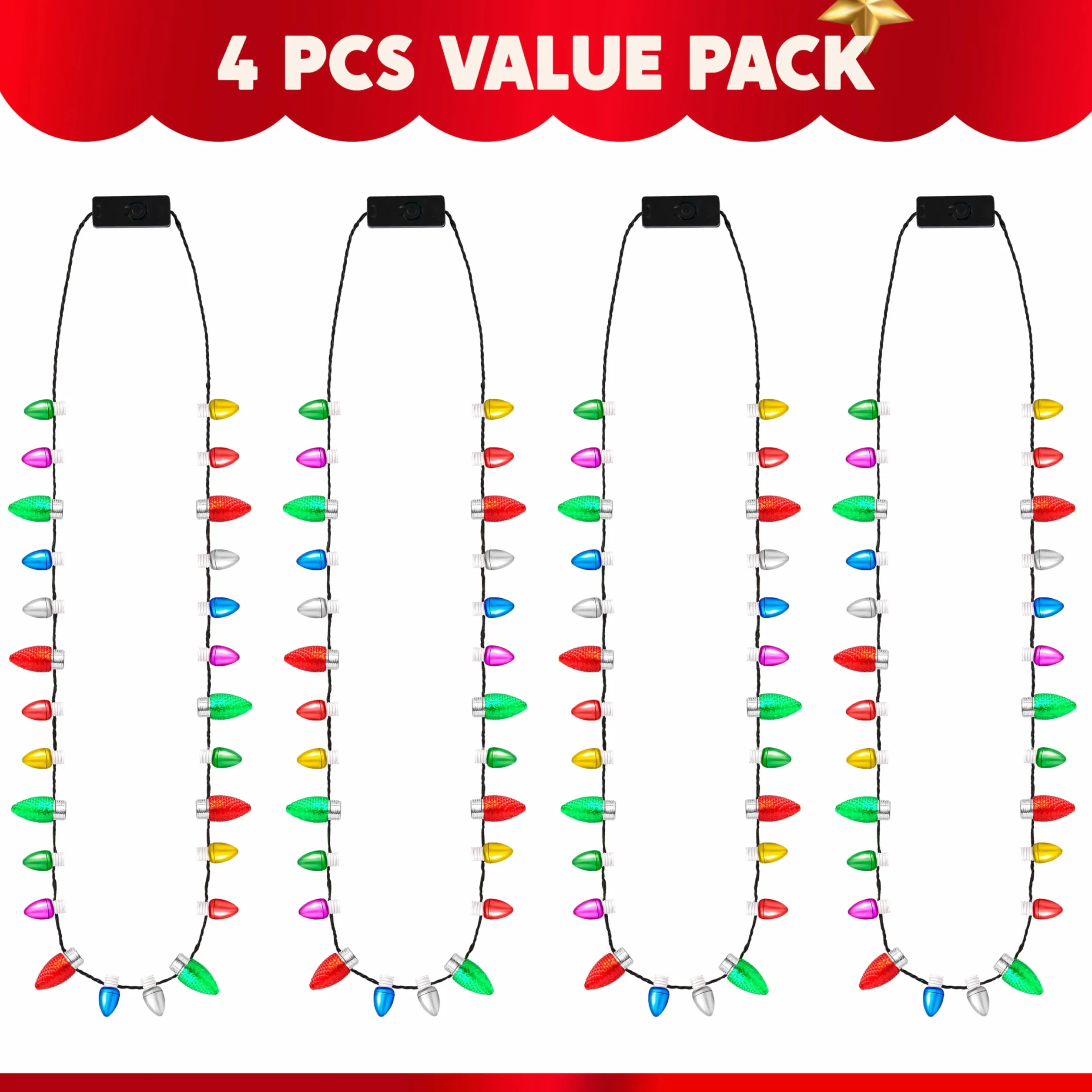 JOYIN Świąteczny mini naszyjnik z żarówkami LED, 4 sztuki, z 26 perłami i 8 świecącymi koralikami z 3 trybami oświetlenia, świecące naszyjniki na Boże Narodzenie (4 sztuki)