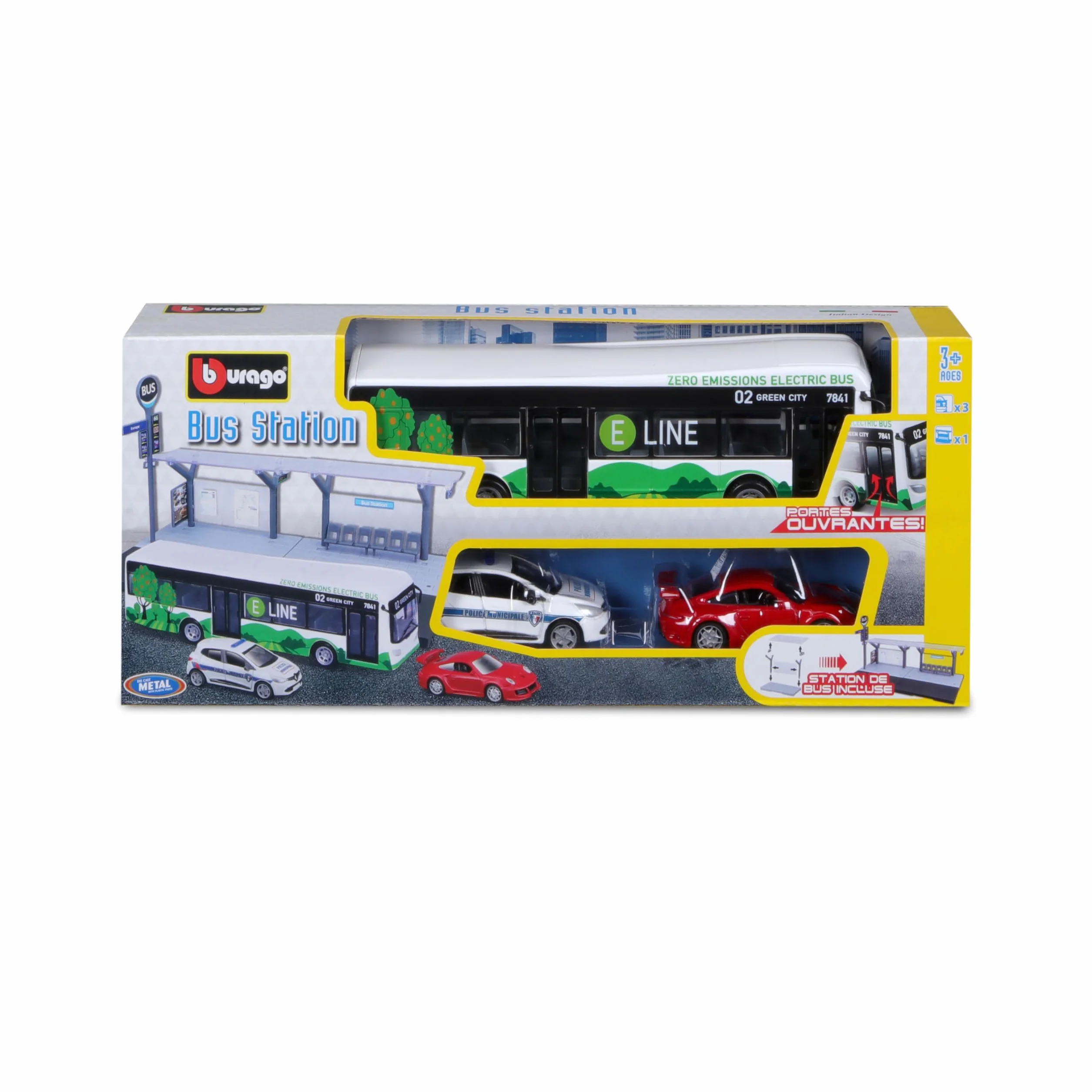 Bburago - Playset Public Transport w skali 1/64 - autobus, tramwaj, stacja + 2 pojazdy - Zabawka edukacyjna dla dzieci - modele losowe - Rozwija wyobraźnię i kreatywność