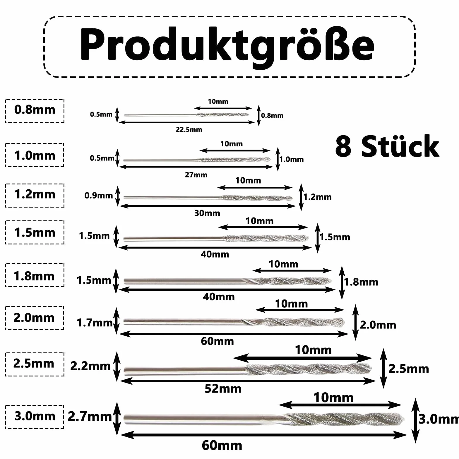 8 sztuk wierteł diamentowych, wierteł diamentowych, od 0,8 mm do 3,0 mm, zestaw wierteł do szkła, metalu, muszli, jadeitu, koralików itp