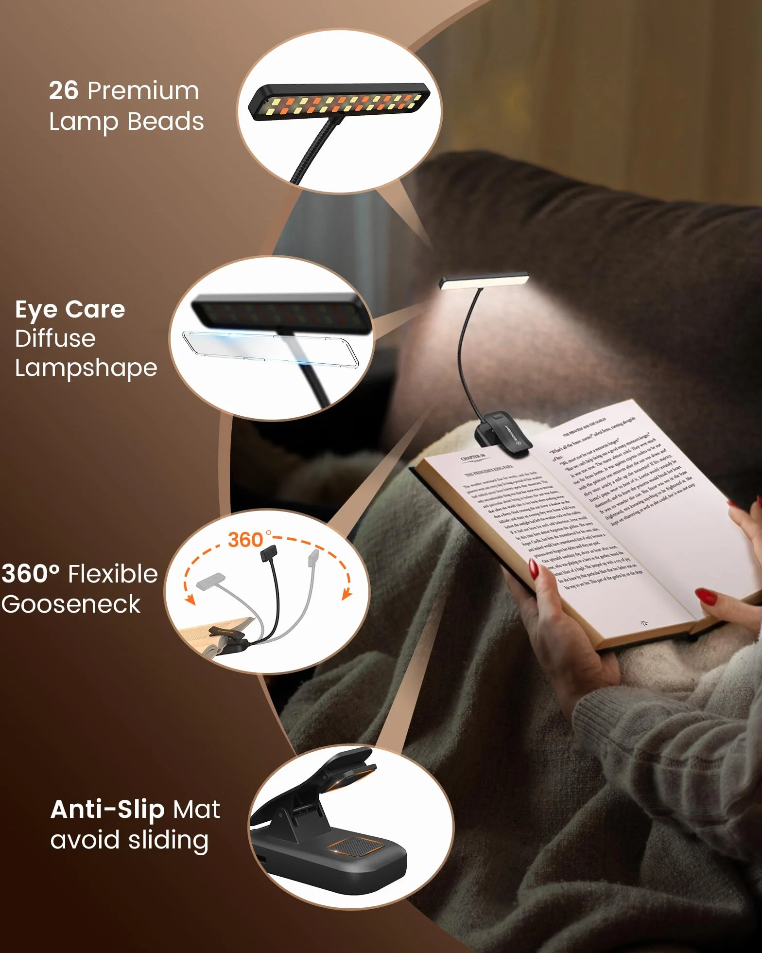 Glocusent Lampka do czytania z 26 diodami LED, 1200 mAh, 90 godzin, ładowalna lampka do czytania, 5 bursztynowych kolorów i bezstopniowe ściemnianie, lampka do czytania książek, przenośna lampa z