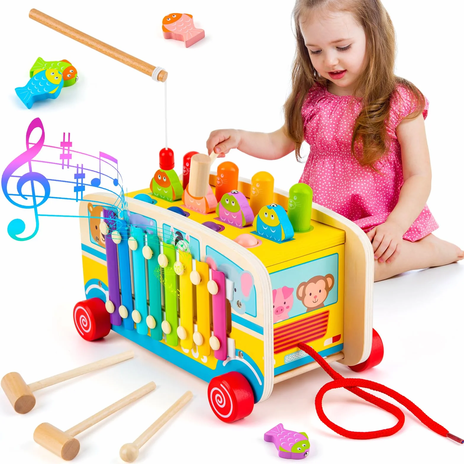 Sundaymot Montessori zabawka dla dzieci od 1 roku, 4 w 1, zabawka motoryczna, drewniana zabawka dla dzieci od 3, 4, 5, 6, 7 lat, prezent dla dziewcząt, chłopców, wersja autobusu
